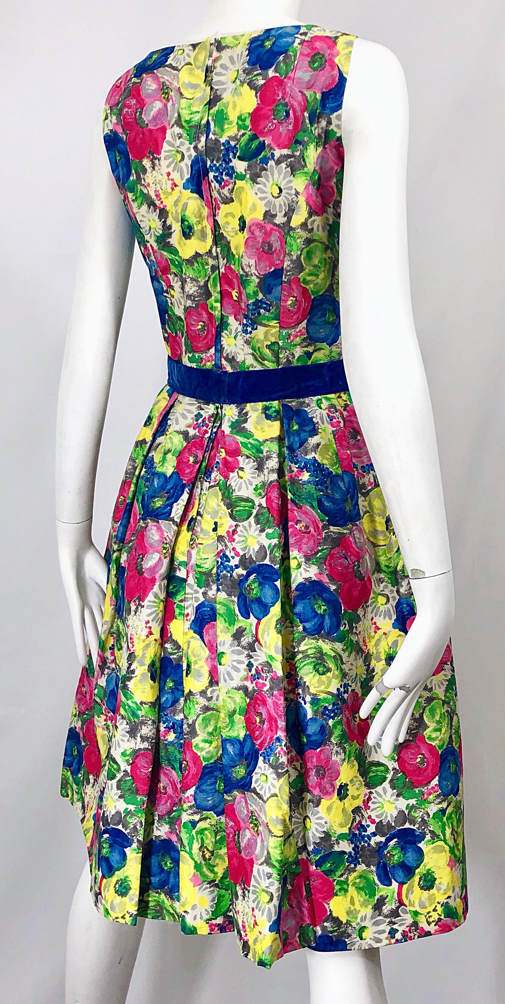 1950s Demi Couture Sequined Watercolor Floral Silk Fit n' Flare Vintage Dress 4