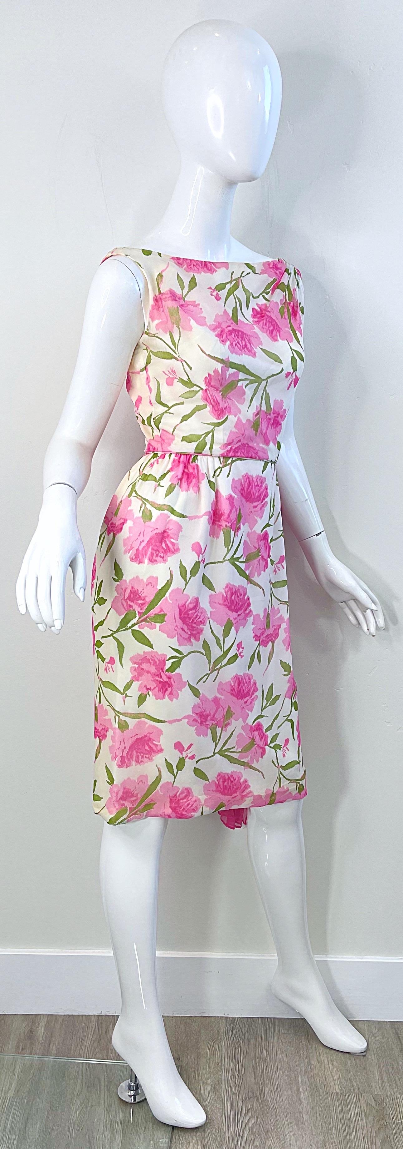 1960s Demi Couture Silk Chiffon Flower Print Pink + Green Vintage 60s Dress For Sale 6