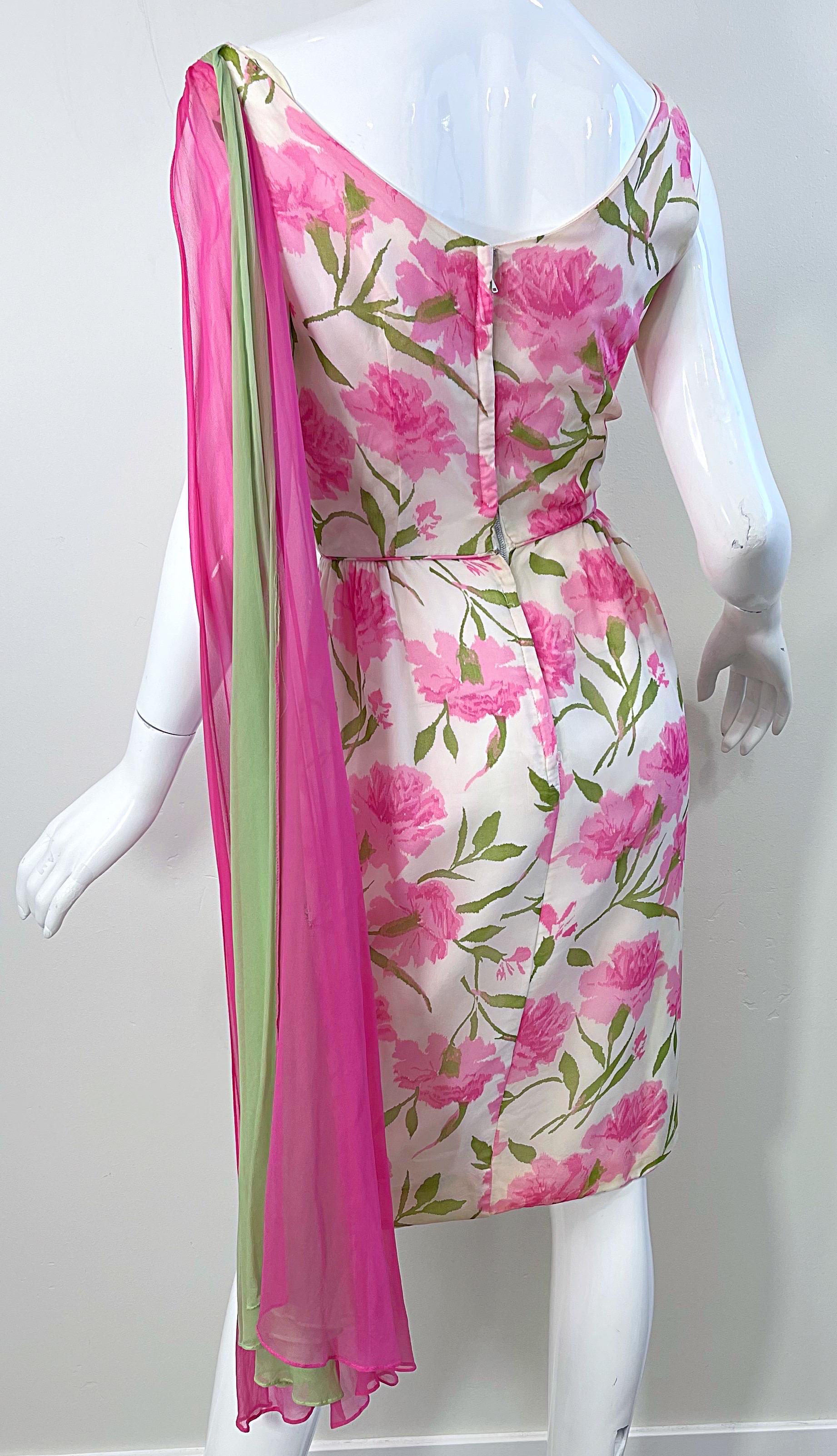 1960s Demi Couture Silk Chiffon Flower Print Pink + Green Vintage 60s Dress For Sale 7