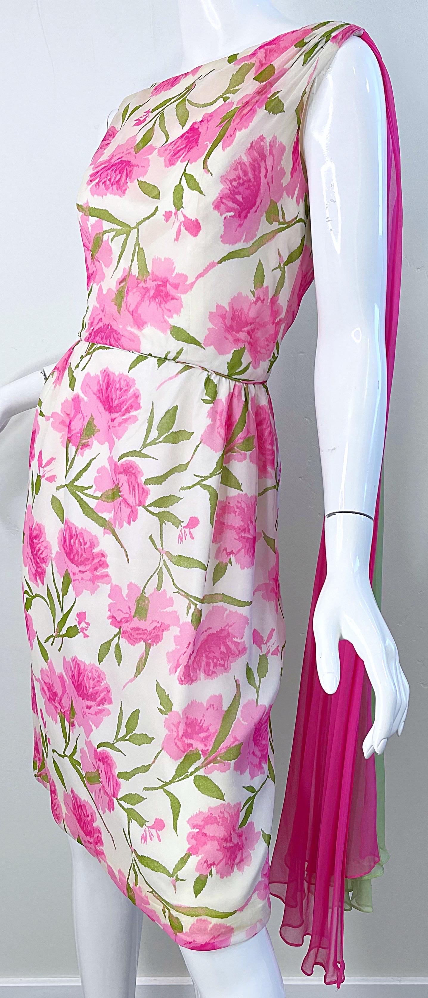 1960s Demi Couture Silk Chiffon Flower Print Pink + Green Vintage 60s Dress For Sale 8