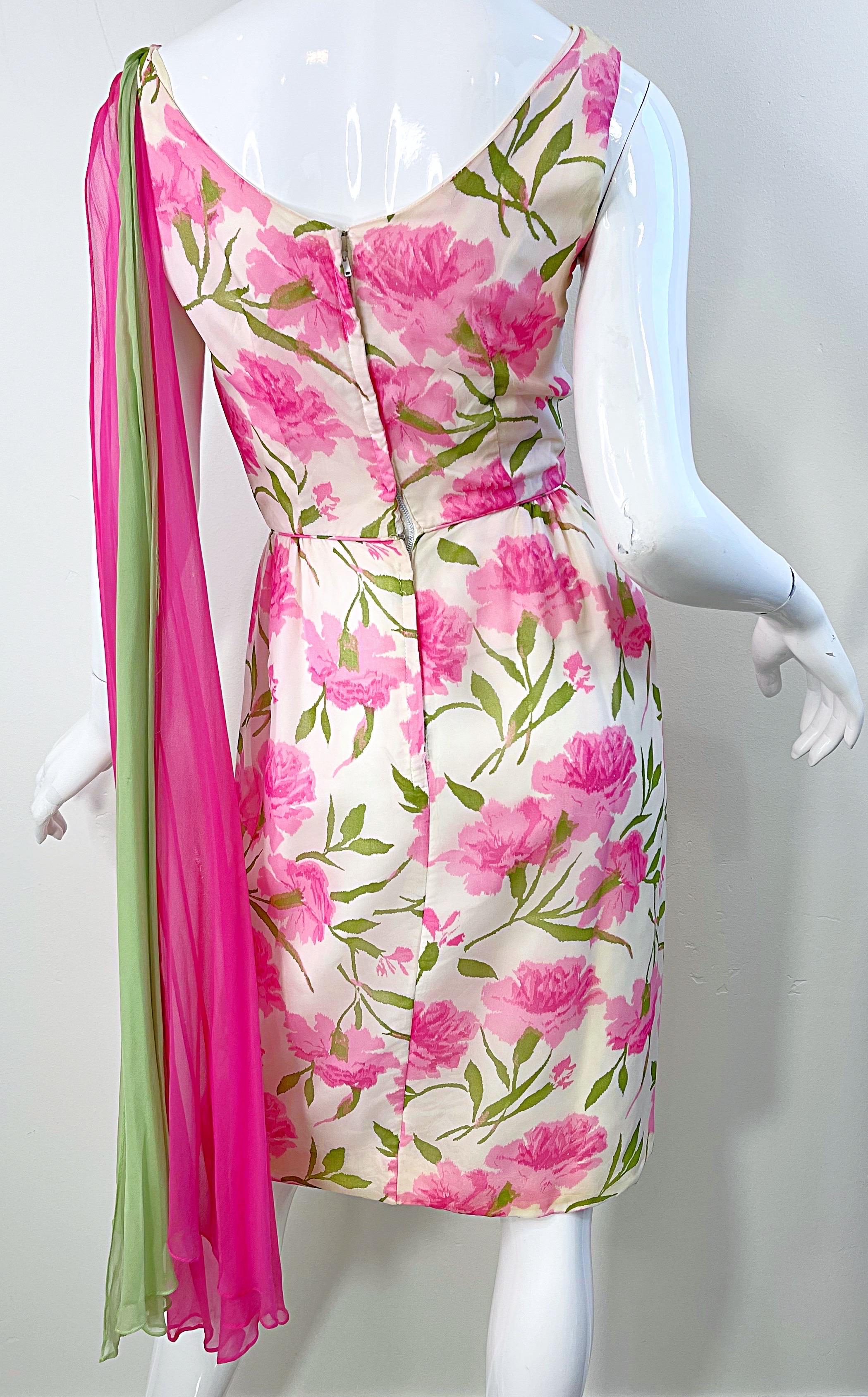1960s Demi Couture Silk Chiffon Flower Print Pink + Green Vintage 60s Dress For Sale 9