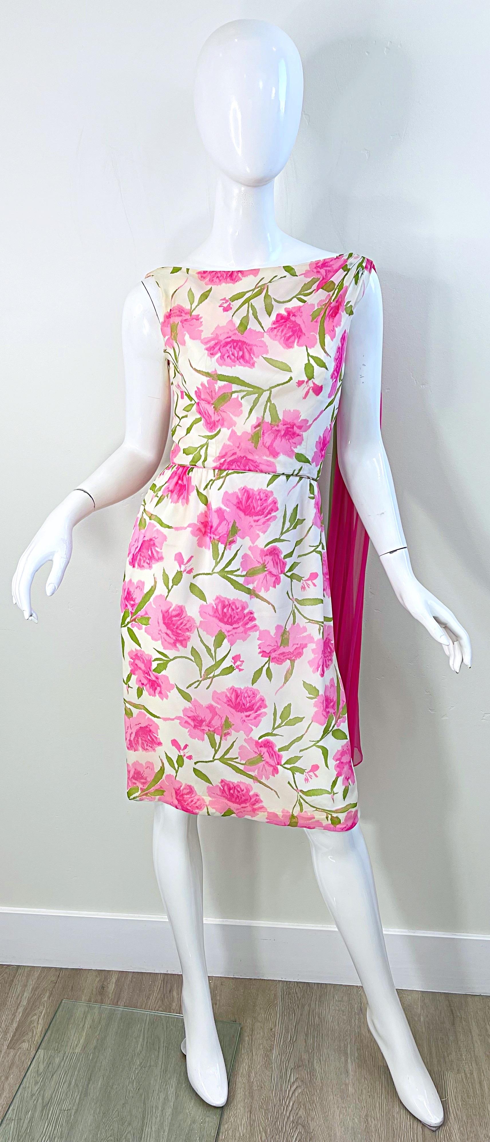 1960s Demi Couture Silk Chiffon Flower Print Pink + Green Vintage 60s Dress For Sale 10