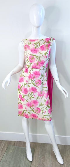 1960s Demi Couture Silk Chiffon Flower Print Pink + Green Vintage 60s Dress