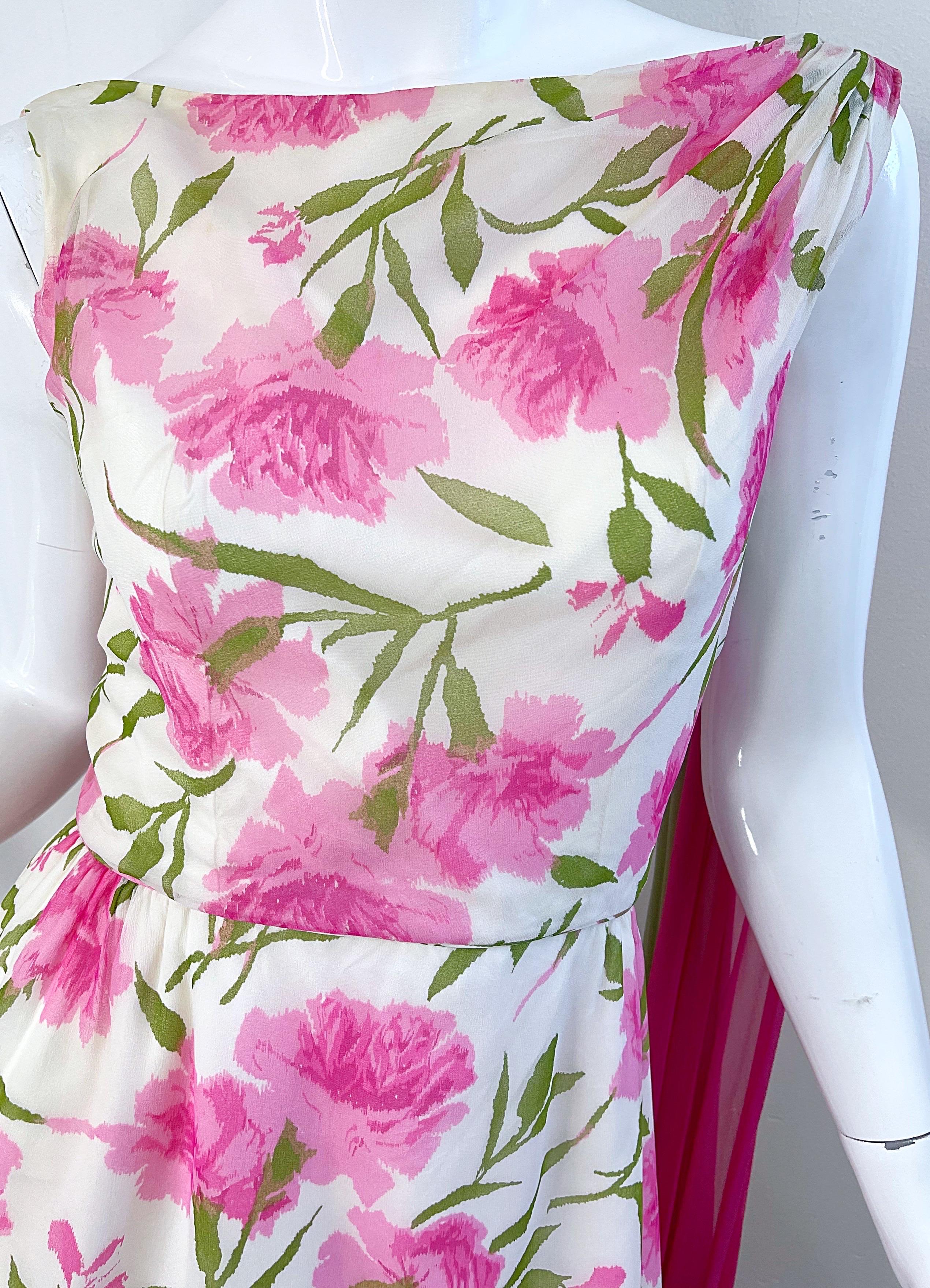 Vestido vintage años 60 Demi Couture de gasa de seda con estampado floral rosa + verde en Bueno estado para la venta en San Diego, CA