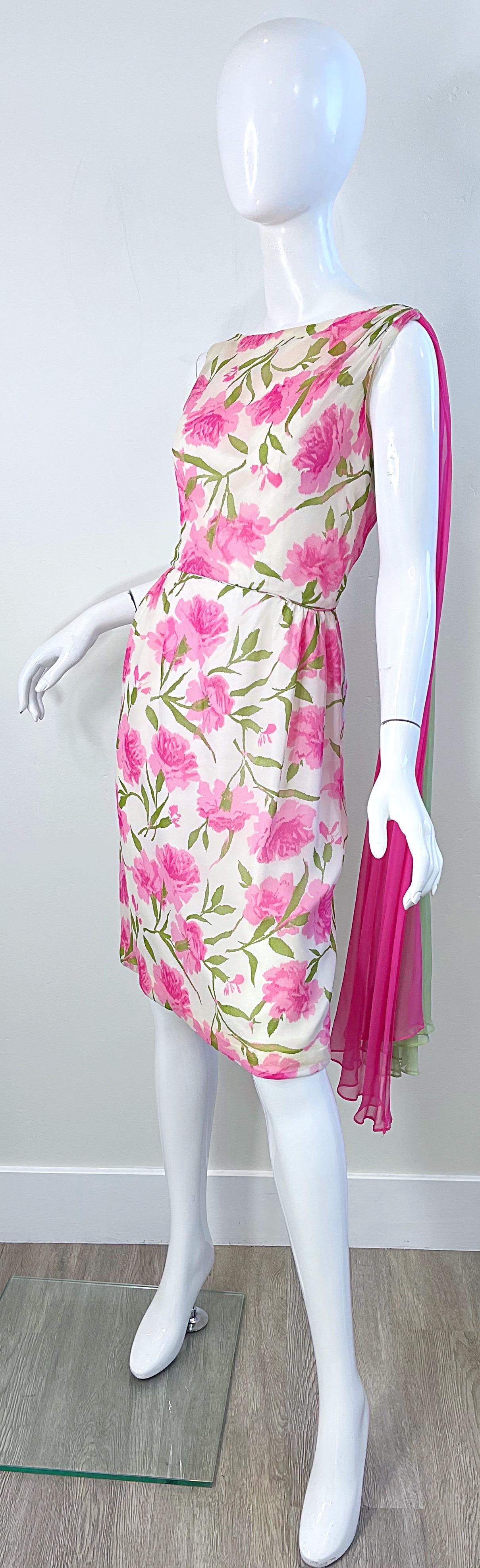 1960s Demi Couture Silk Chiffon Flower Print Pink + Green Vintage 60s Dress For Sale 1