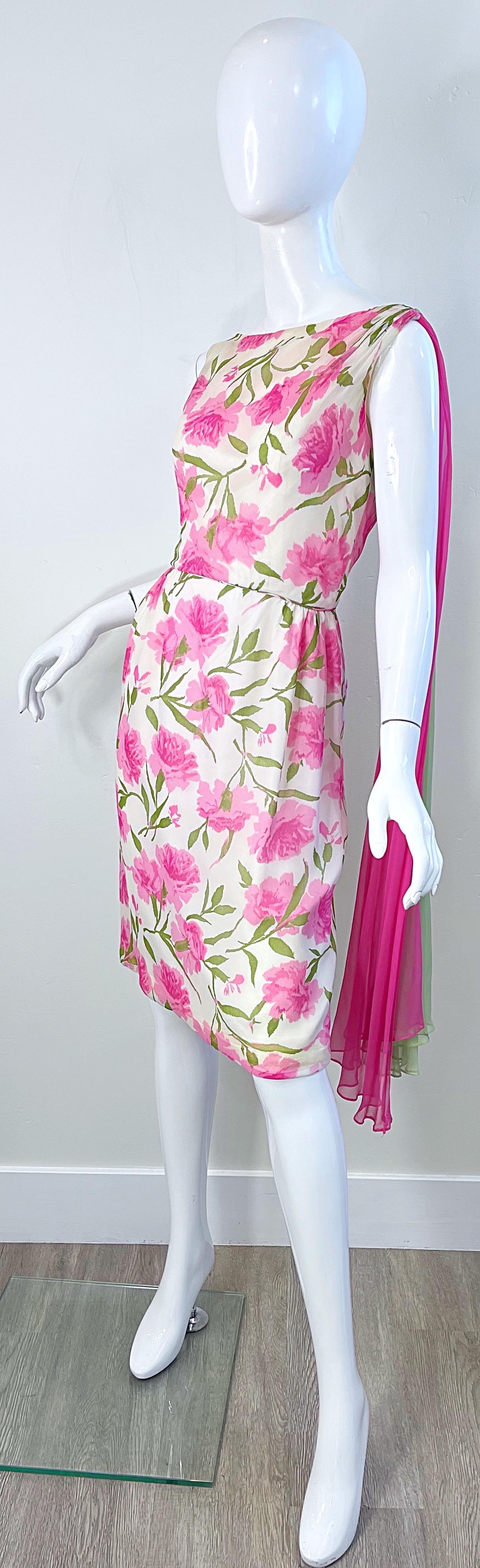 De las mujeres Vestido vintage años 60 Demi Couture de gasa de seda con estampado floral rosa + verde en venta