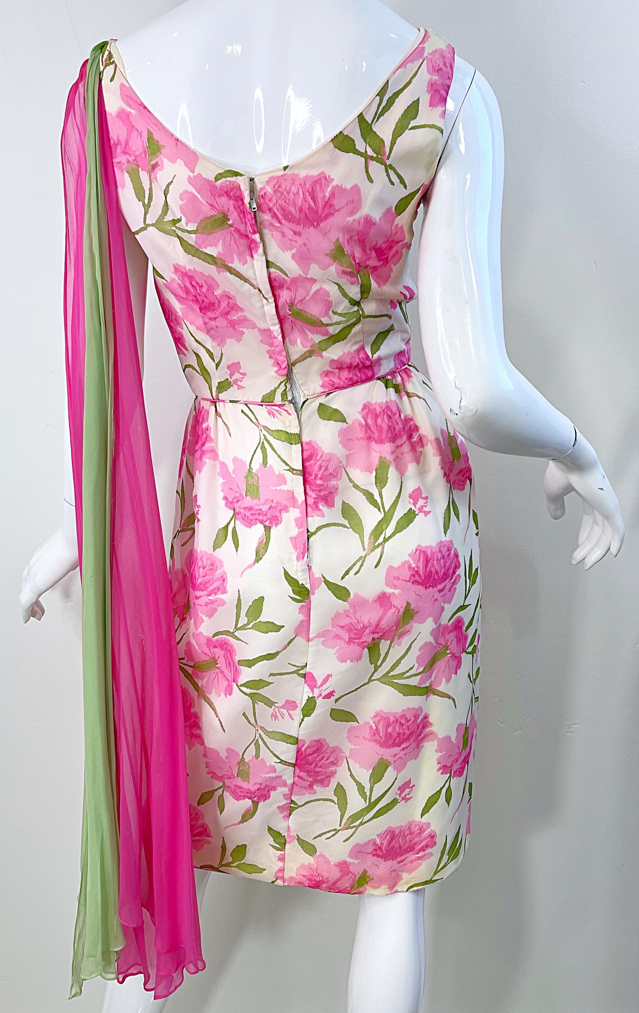 1960s Demi Couture Silk Chiffon Flower Print Pink + Green Vintage 60s Dress For Sale 2