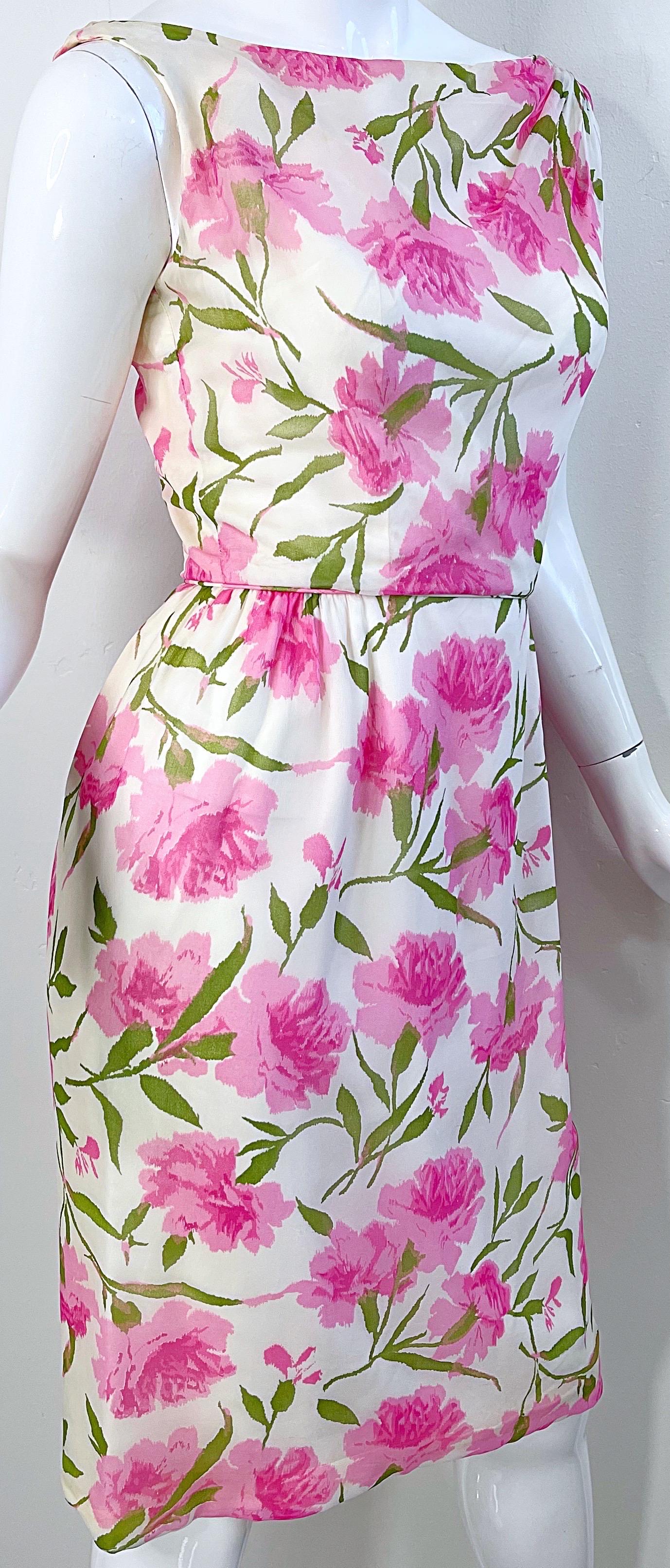 1960s Demi Couture Silk Chiffon Flower Print Pink + Green Vintage 60s Dress For Sale 3