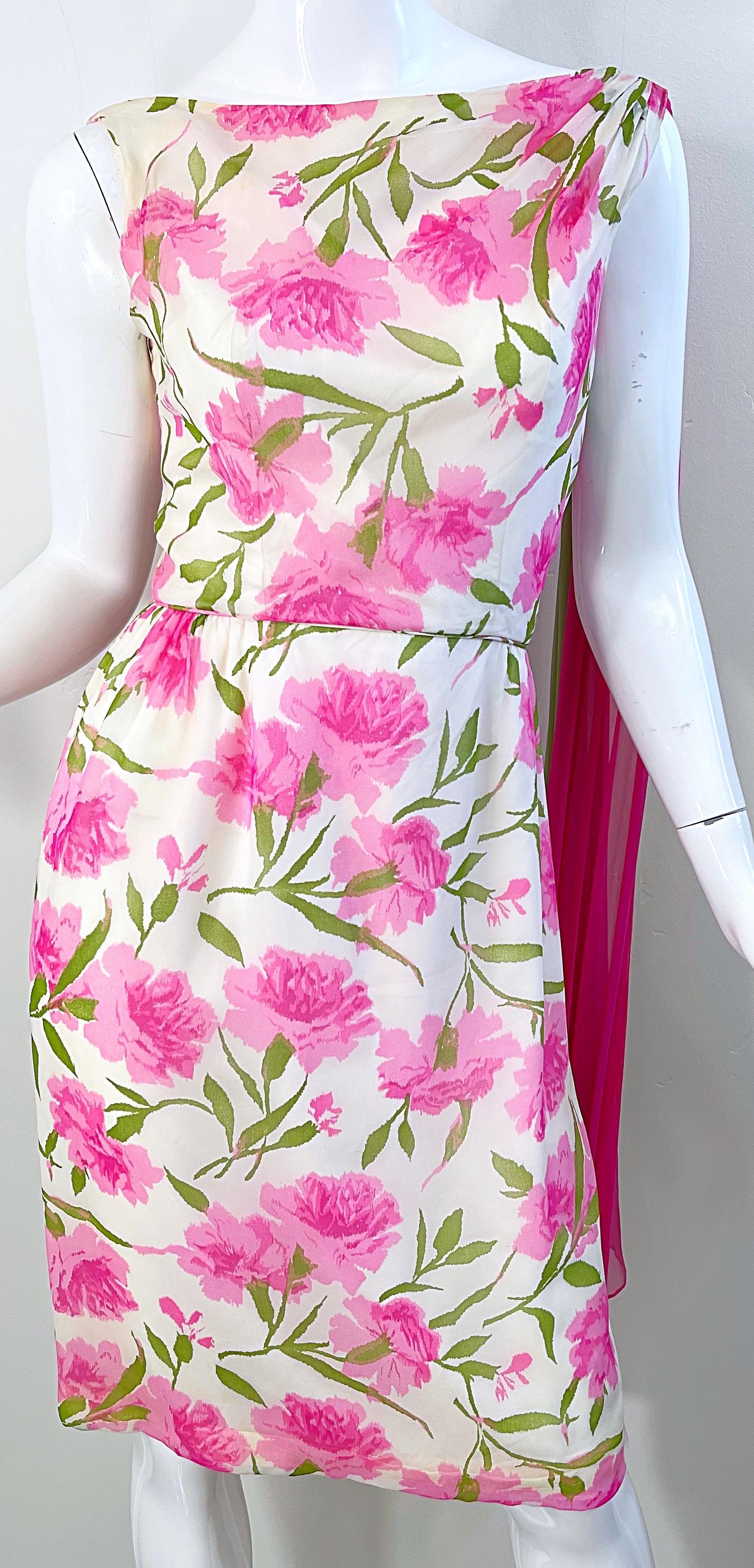 1960s Demi Couture Silk Chiffon Flower Print Pink + Green Vintage 60s Dress For Sale 4