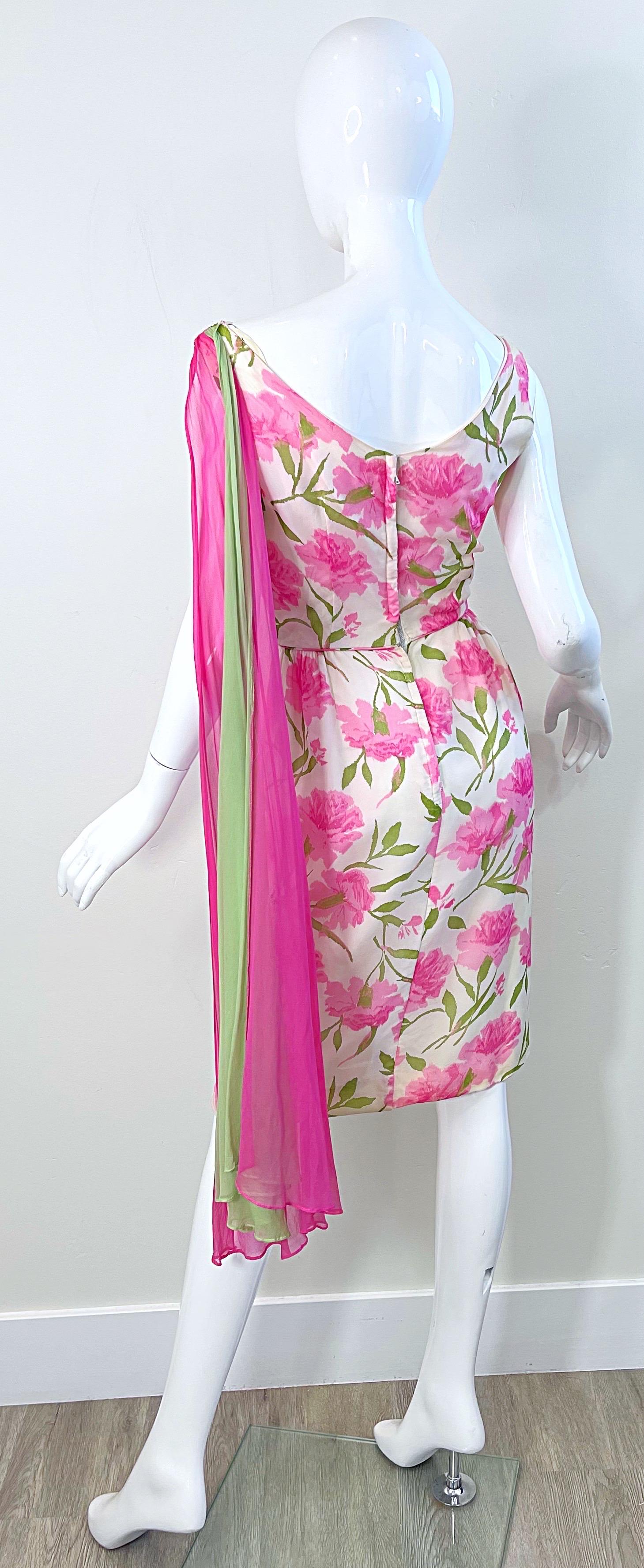 1960s Demi Couture Silk Chiffon Flower Print Pink + Green Vintage 60s Dress For Sale 5