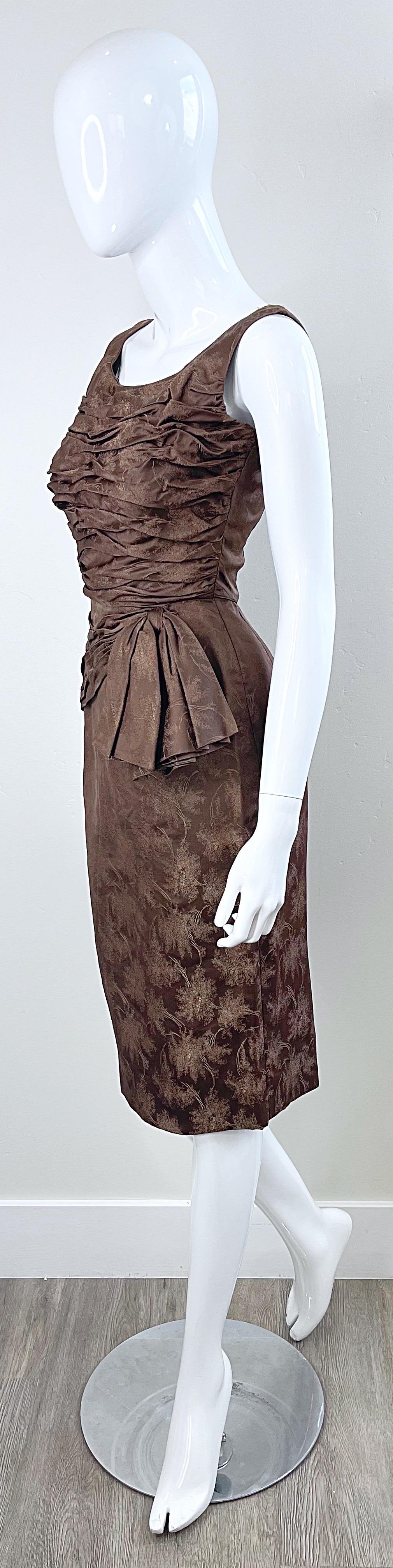 1950s Demi Couture Taupe Brown Silk Brocade Vintage 50s Bombshell Wiggle Dress For Sale 6