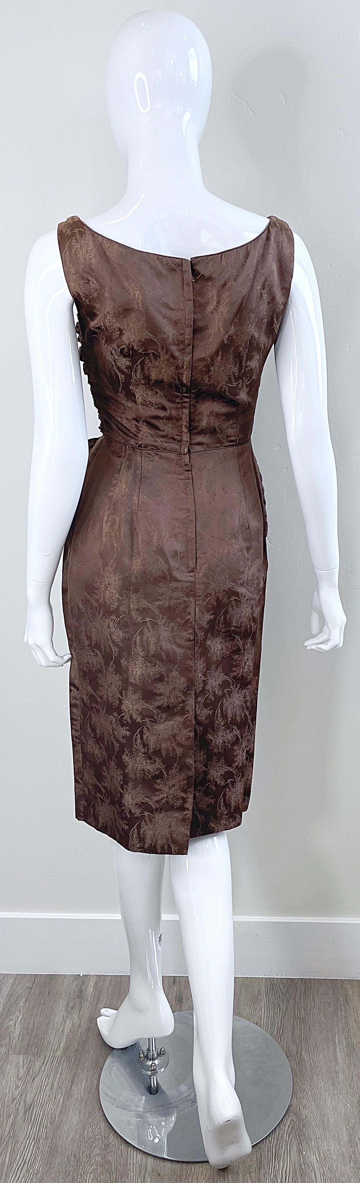 1950s Demi Couture Taupe Brown Silk Brocade Vintage 50s Bombshell Wiggle Dress For Sale 7
