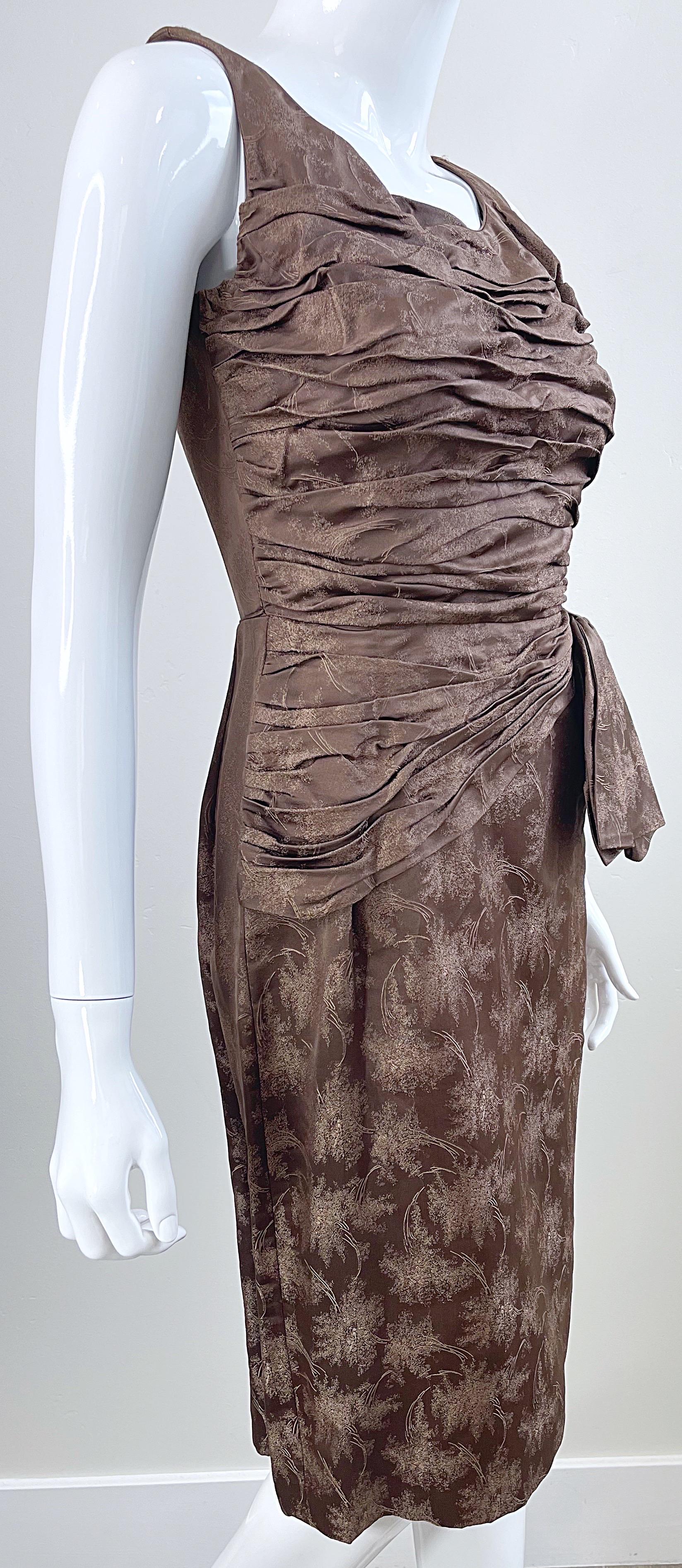 1950s Demi Couture Taupe Brown Silk Brocade Vintage 50s Bombshell Wiggle Dress For Sale 8