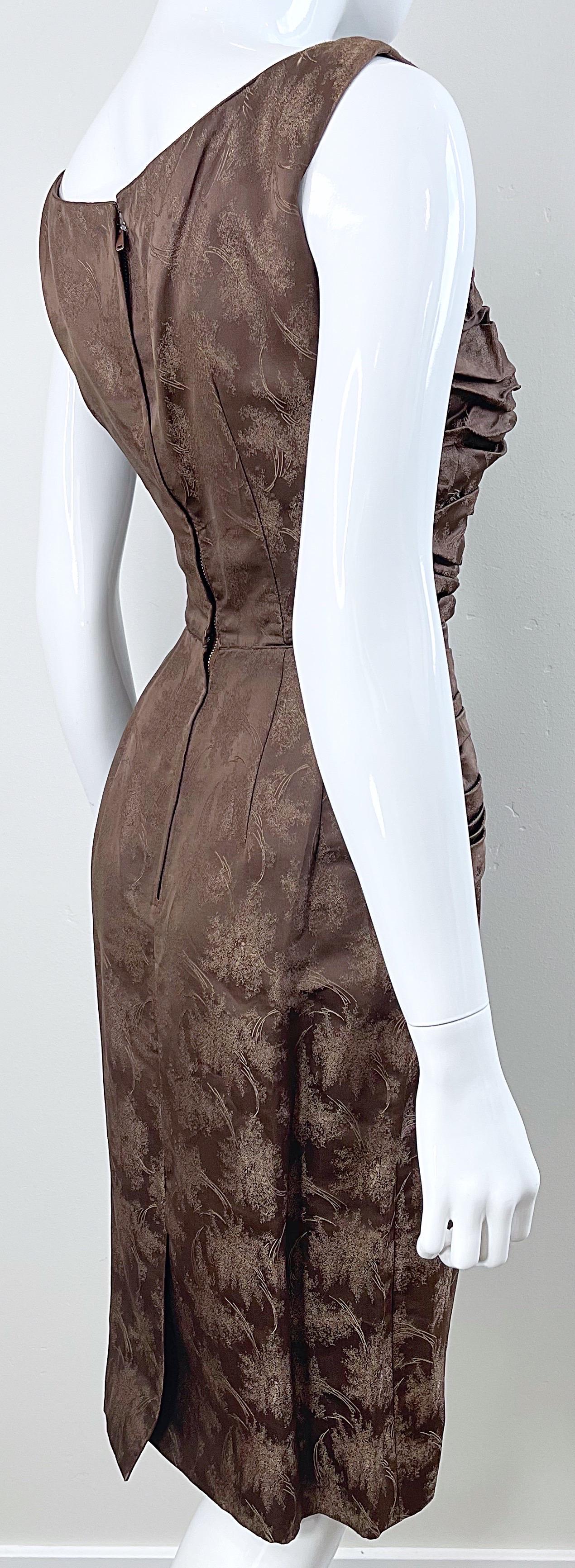 1950s Demi Couture Taupe Brown Silk Brocade Vintage 50s Bombshell Wiggle Dress For Sale 9
