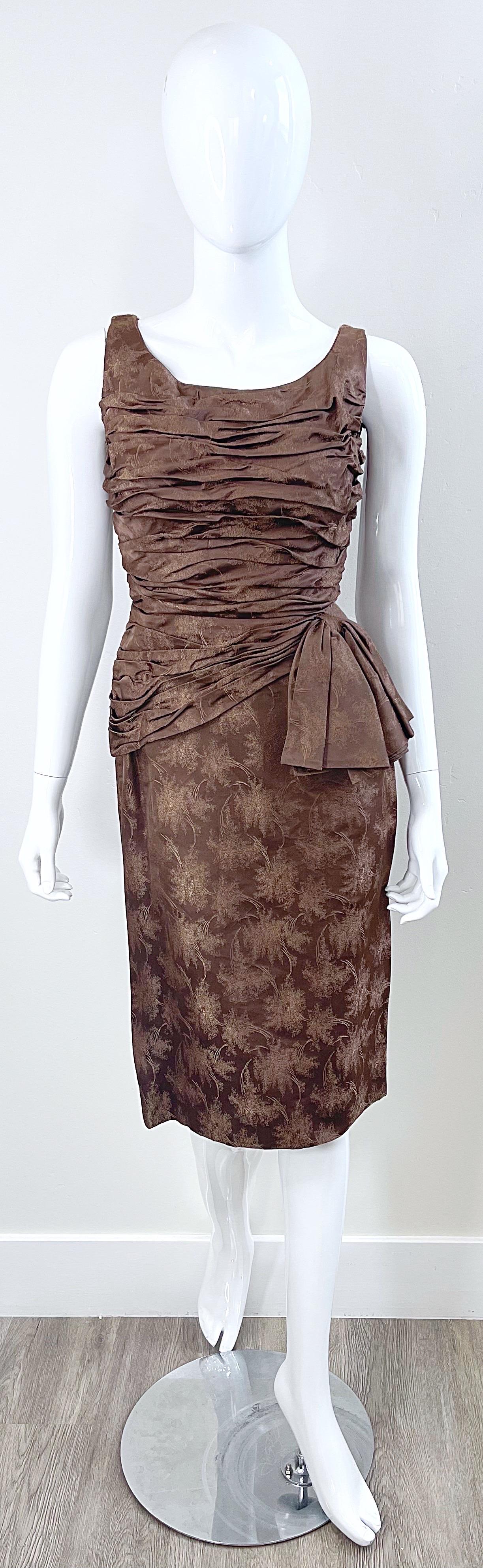 1950s Demi Couture Taupe Brown Silk Brocade Vintage 50s Bombshell Wiggle Dress For Sale 10