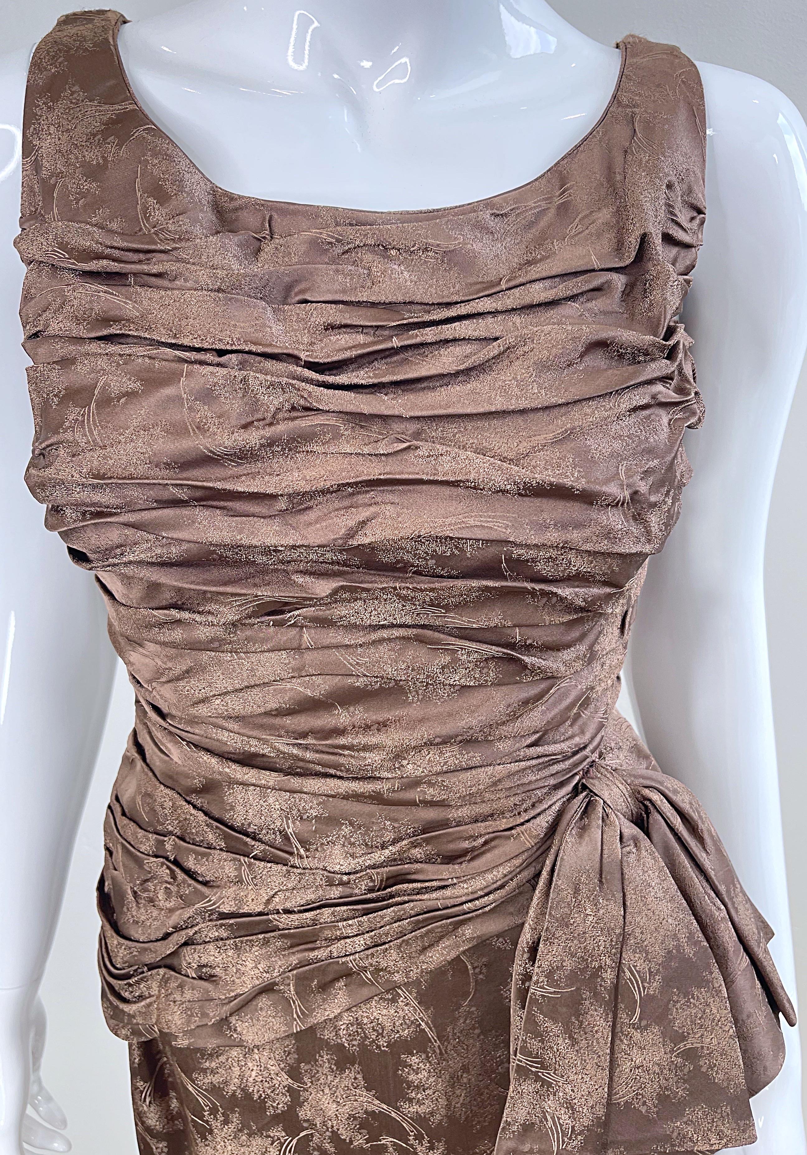 1950s Demi Couture Taupe Brown Silk Brocade Vintage 50s Bombshell Wiggle Dress In Good Condition For Sale In San Diego, CA
