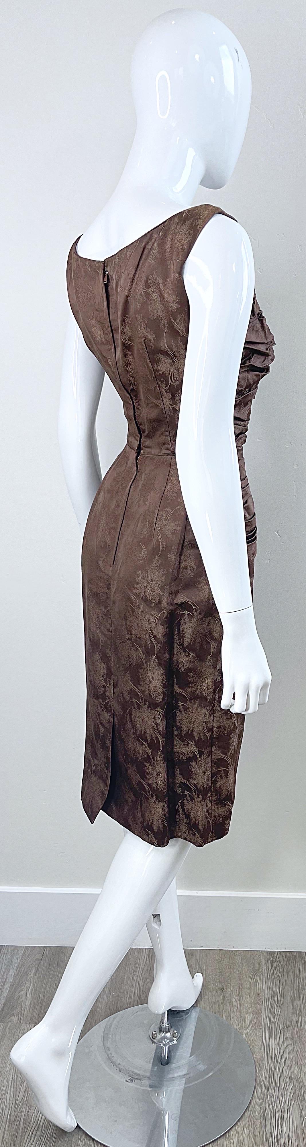 Women's 1950s Demi Couture Taupe Brown Silk Brocade Vintage 50s Bombshell Wiggle Dress For Sale