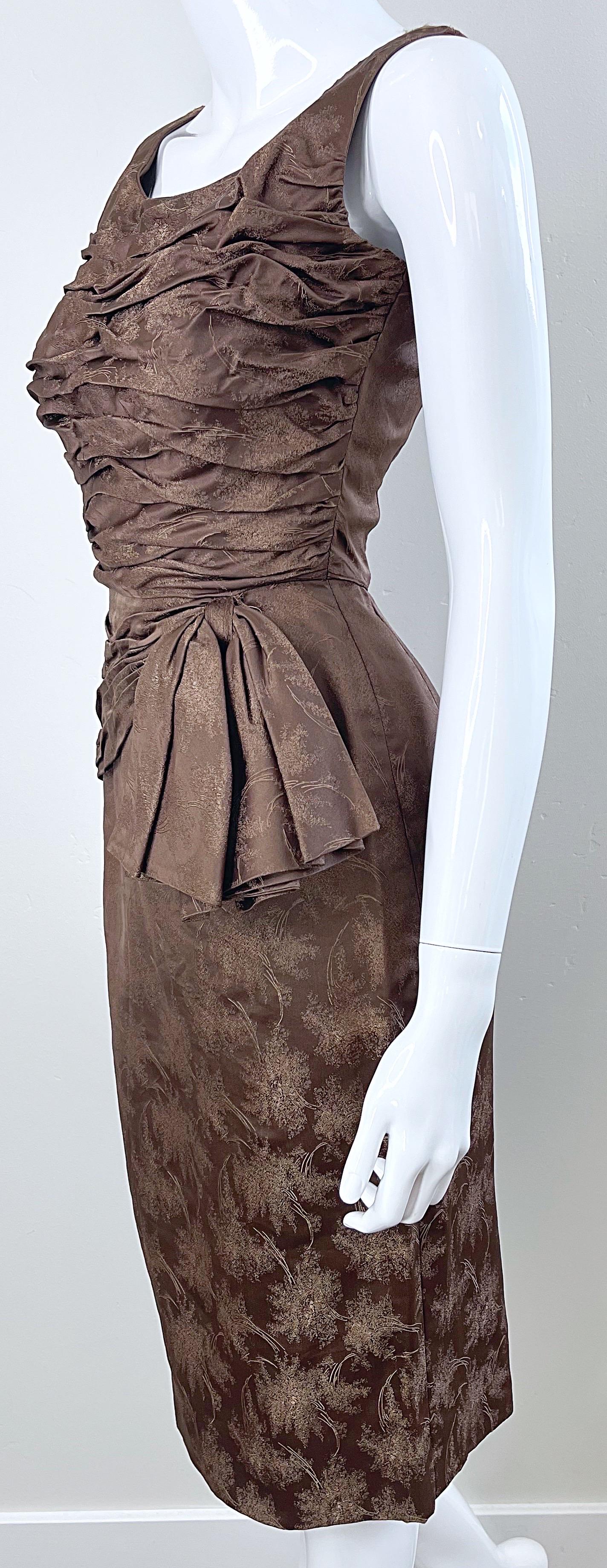 1950s Demi Couture Taupe Brown Silk Brocade Vintage 50s Bombshell Wiggle Dress For Sale 1