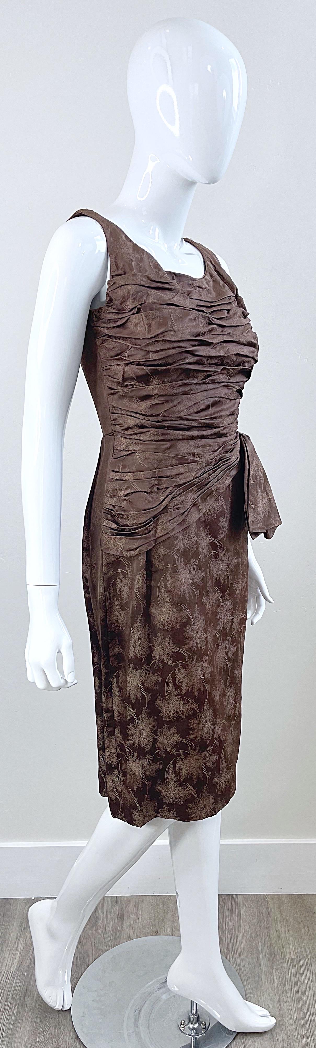 1950s Demi Couture Taupe Brown Silk Brocade Vintage 50s Bombshell Wiggle Dress For Sale 2