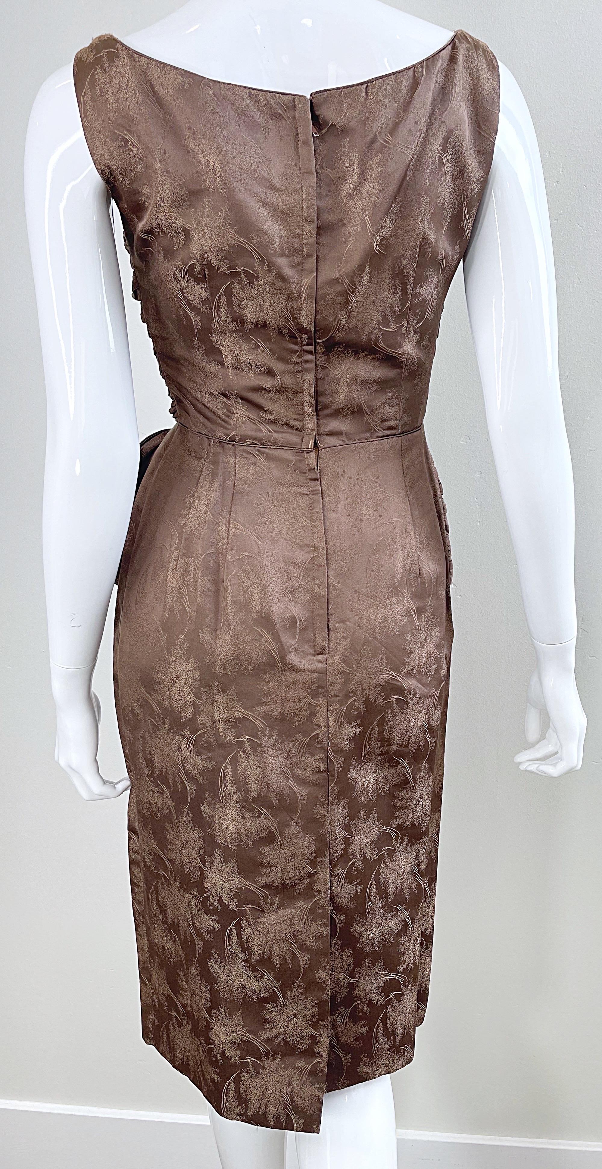 1950s Demi Couture Taupe Brown Silk Brocade Vintage 50s Bombshell Wiggle Dress For Sale 3