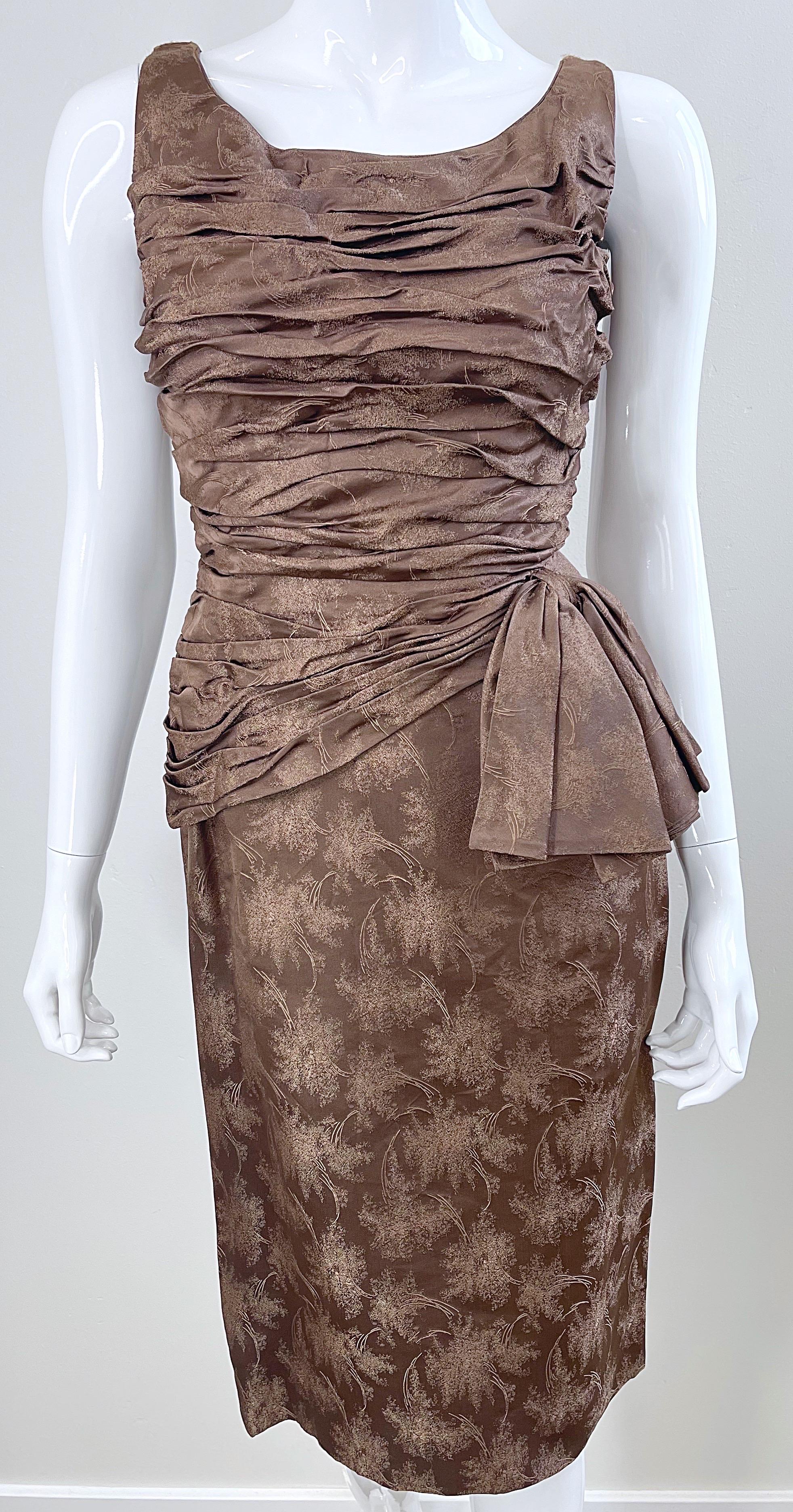 1950s Demi Couture Taupe Brown Silk Brocade Vintage 50s Bombshell Wiggle Dress For Sale 4