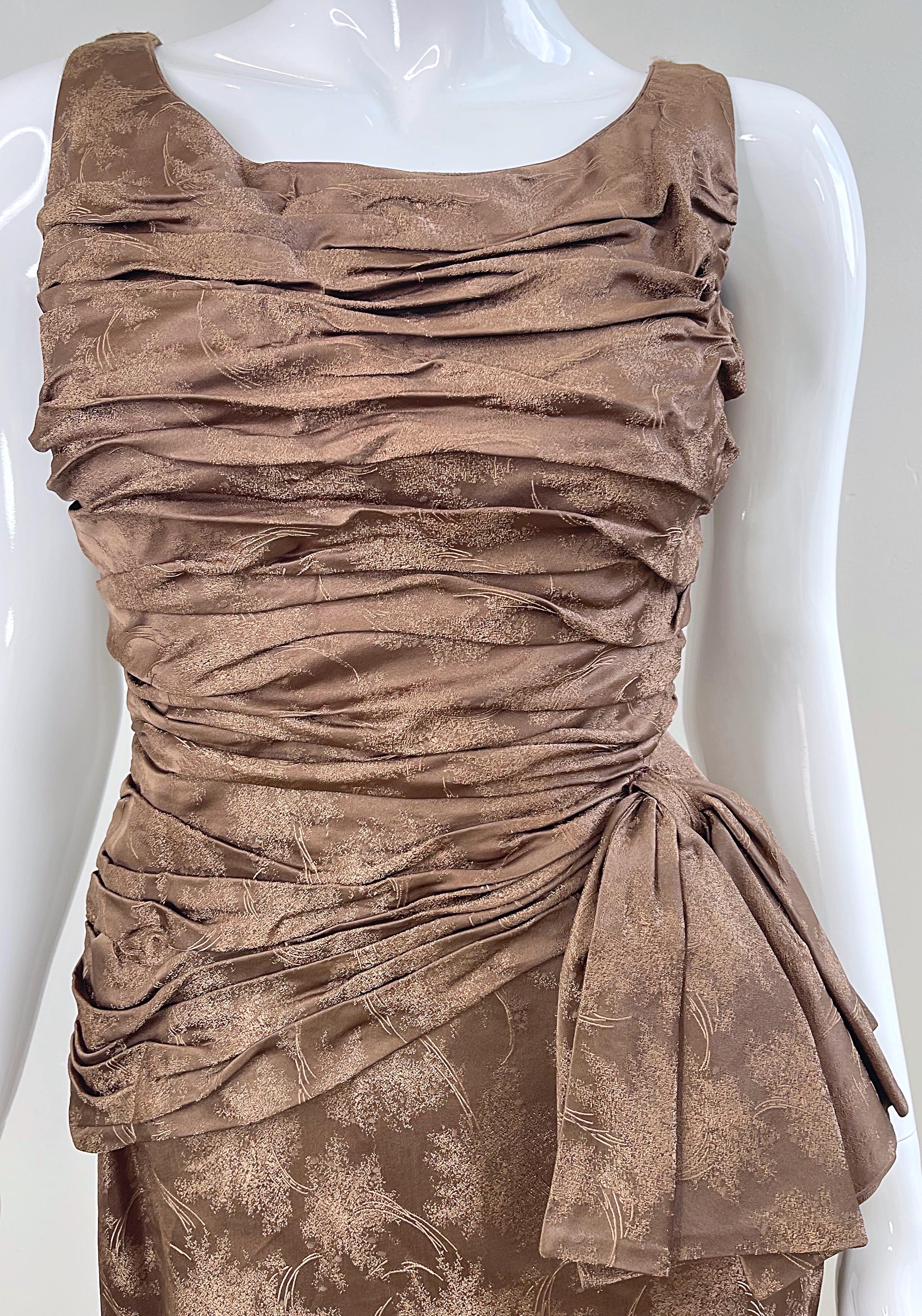 1950s Demi Couture Taupe Brown Silk Brocade Vintage 50s Bombshell Wiggle Dress For Sale 5