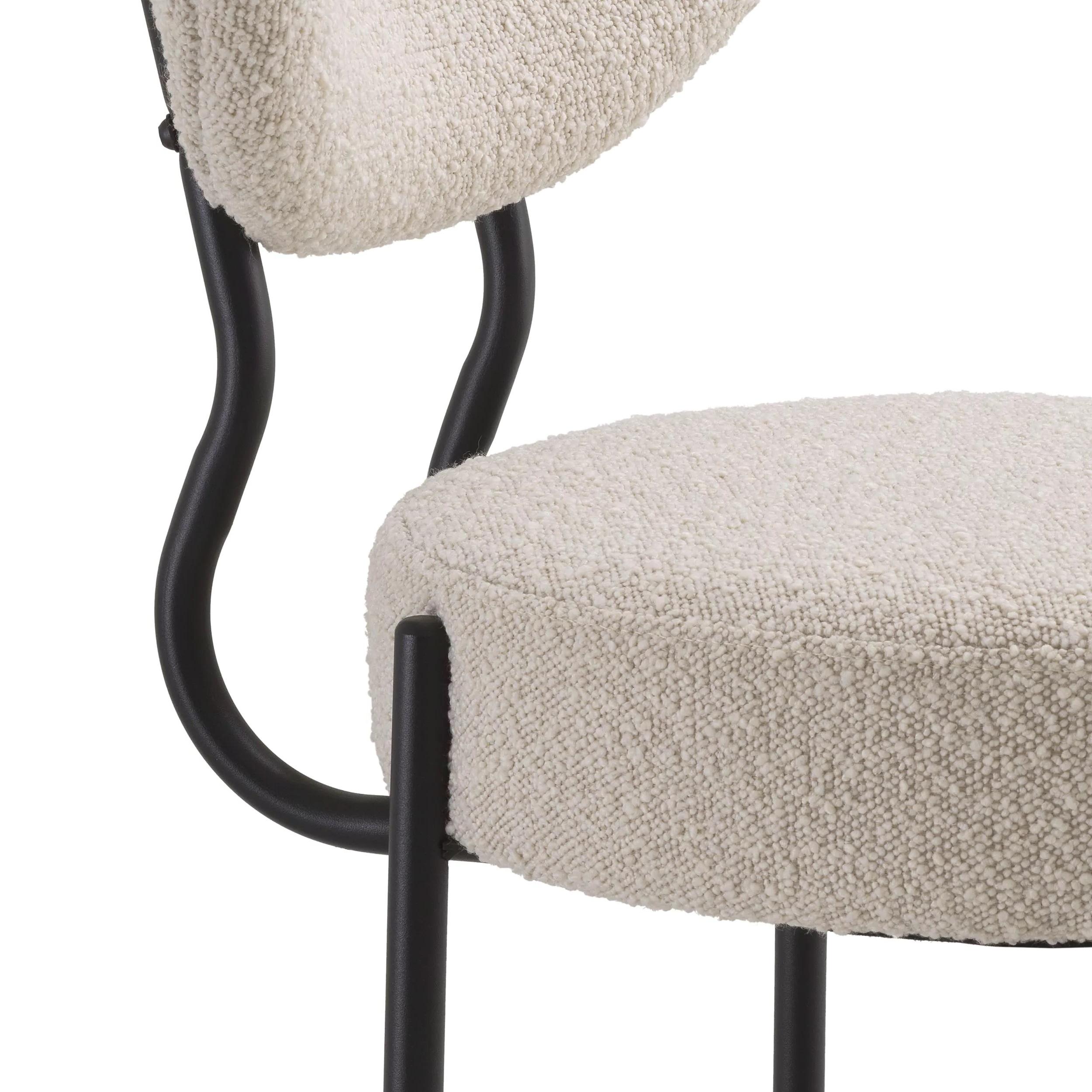 1950s Design And MCM Style Beige Bouclé Fabric And Black Metal Dining Chair.