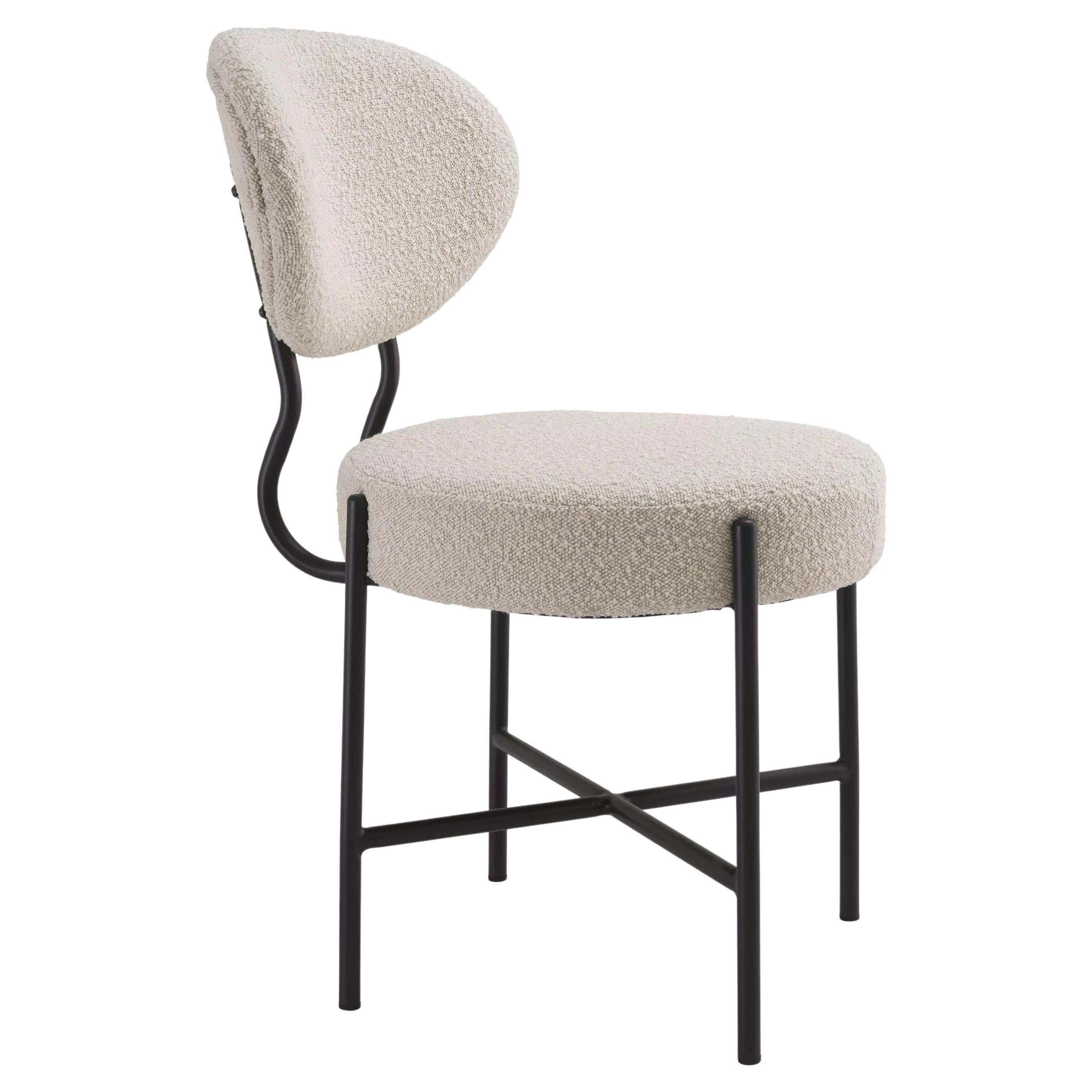 1950s Design And MCM Style Beige Bouclé Fabric And Black Metal Dining Chair