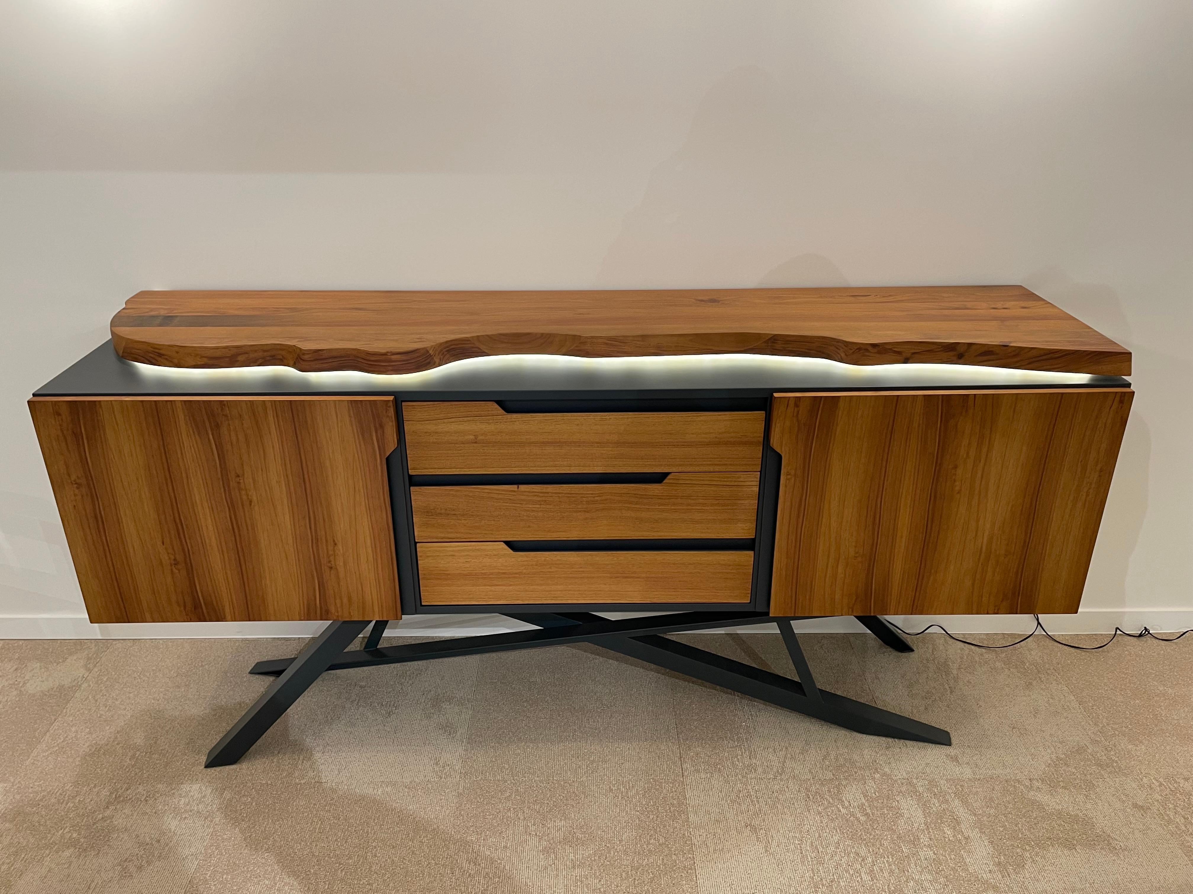 European 1950s Design and Mcm Style Wood and Metal Sideboard with Lightened Top For Sale