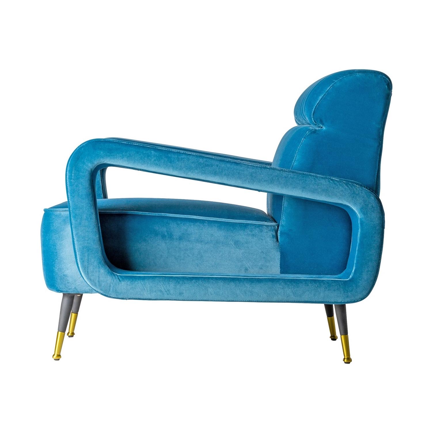 Mid-Century Modern 1950s Design and Vintage Style Blue Velvet and Black Feet Armchair For Sale