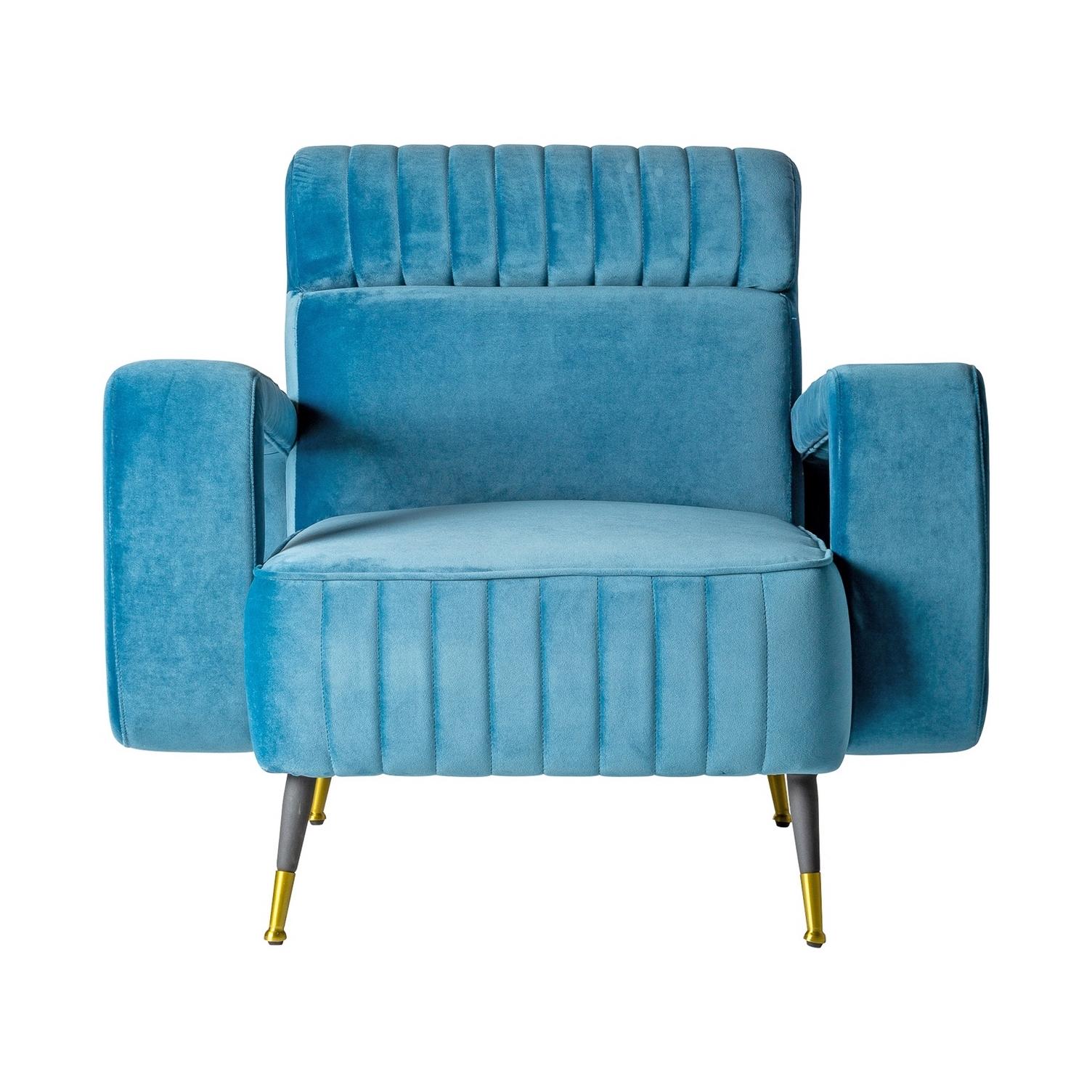 Metal 1950s Design and Vintage Style Blue Velvet and Black Feet Armchair For Sale