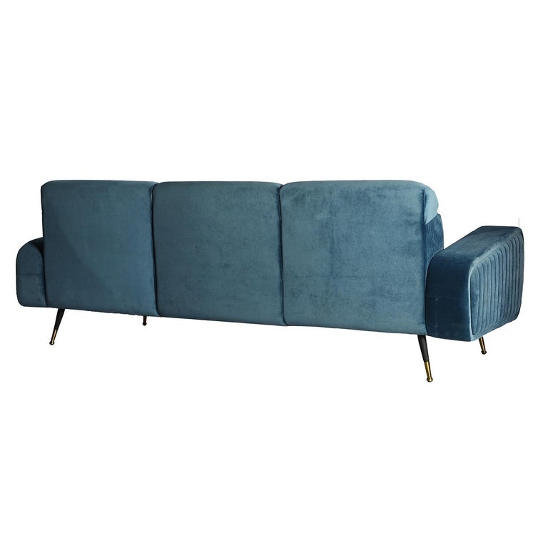 1950s design and vintage style blue velvet and black metal feet with gilded finishes comfy and quilted sofa.