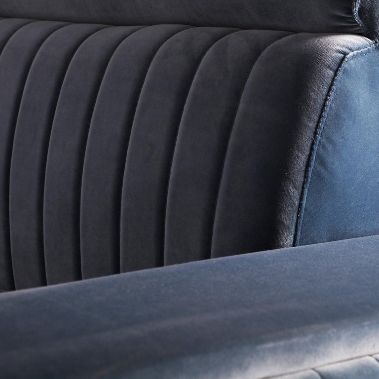 Mid-Century Modern 1950s Design and Vintage Style Blue Velvet and Black Lacquered Feet Sofa For Sale