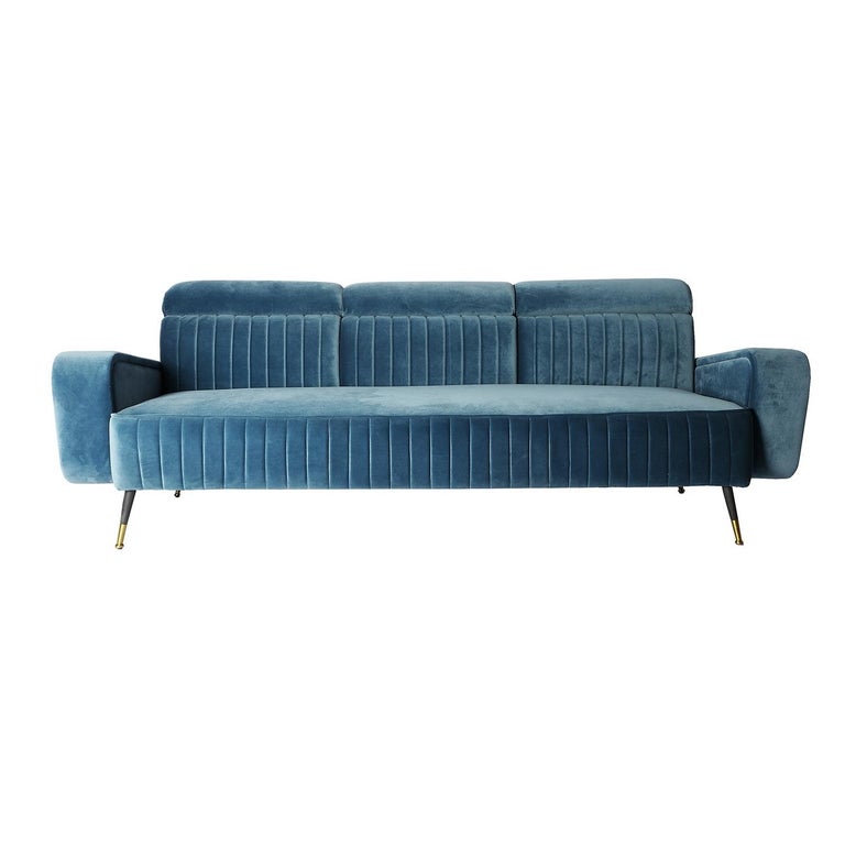 Contemporary 1950s Design and Vintage Style Blue Velvet and Black Lacquered Feet Sofa For Sale