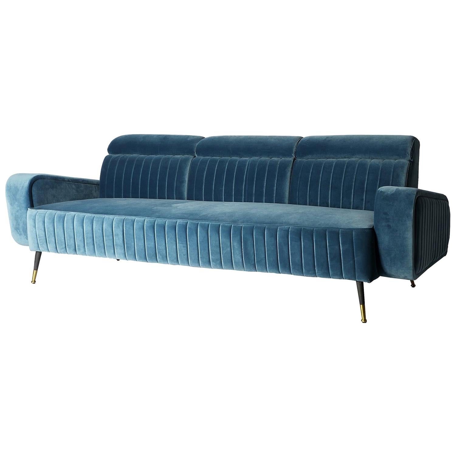 1950s Design and Vintage Style Blue Velvet and Black Lacquered Feet Sofa
