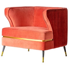 Vintage Style Pink Coral Velvet and Black Feet Padded Armchair