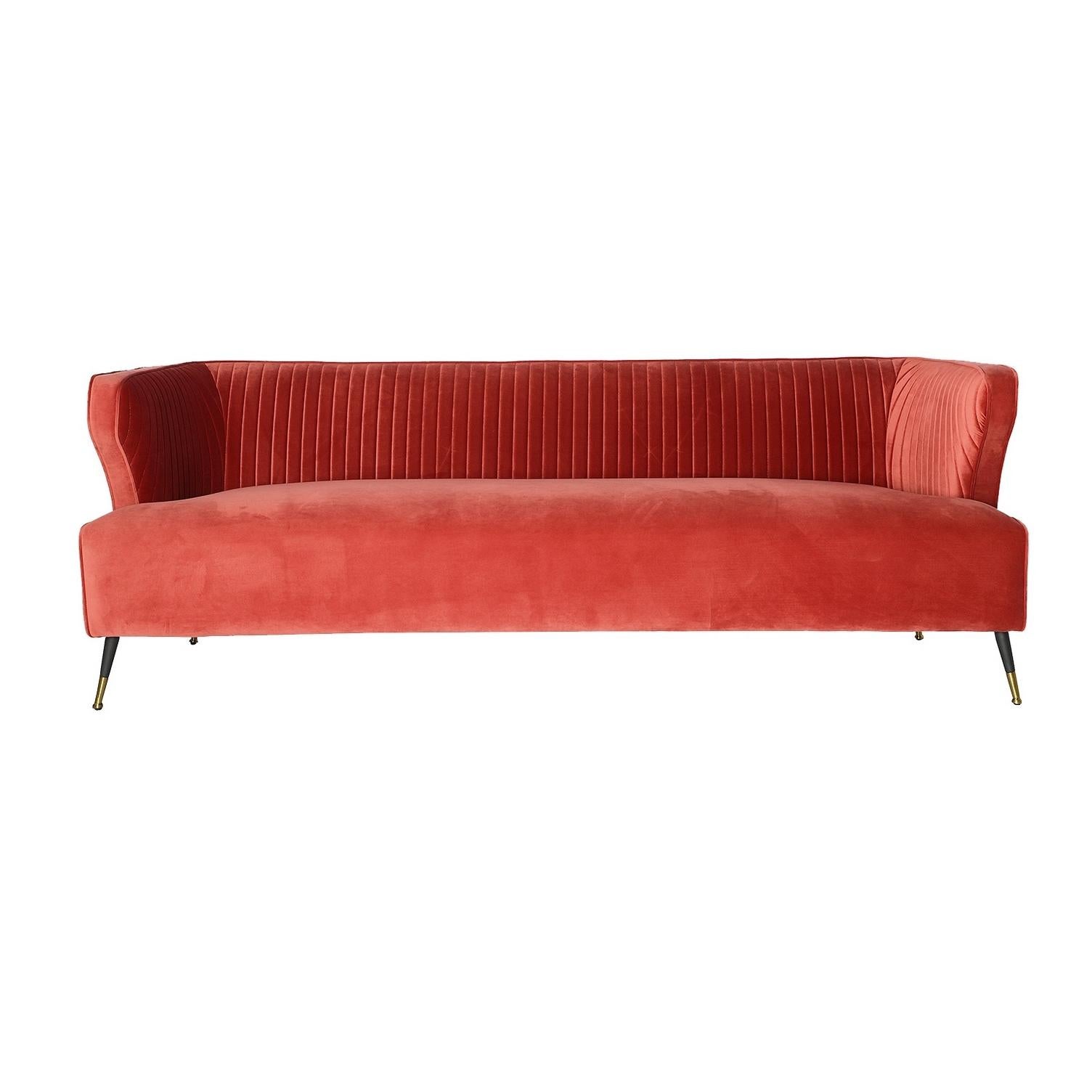 Mid-Century Modern 1950s Design and Vintage Style Pink Coral Velvet and Black Feet Padded Sofa