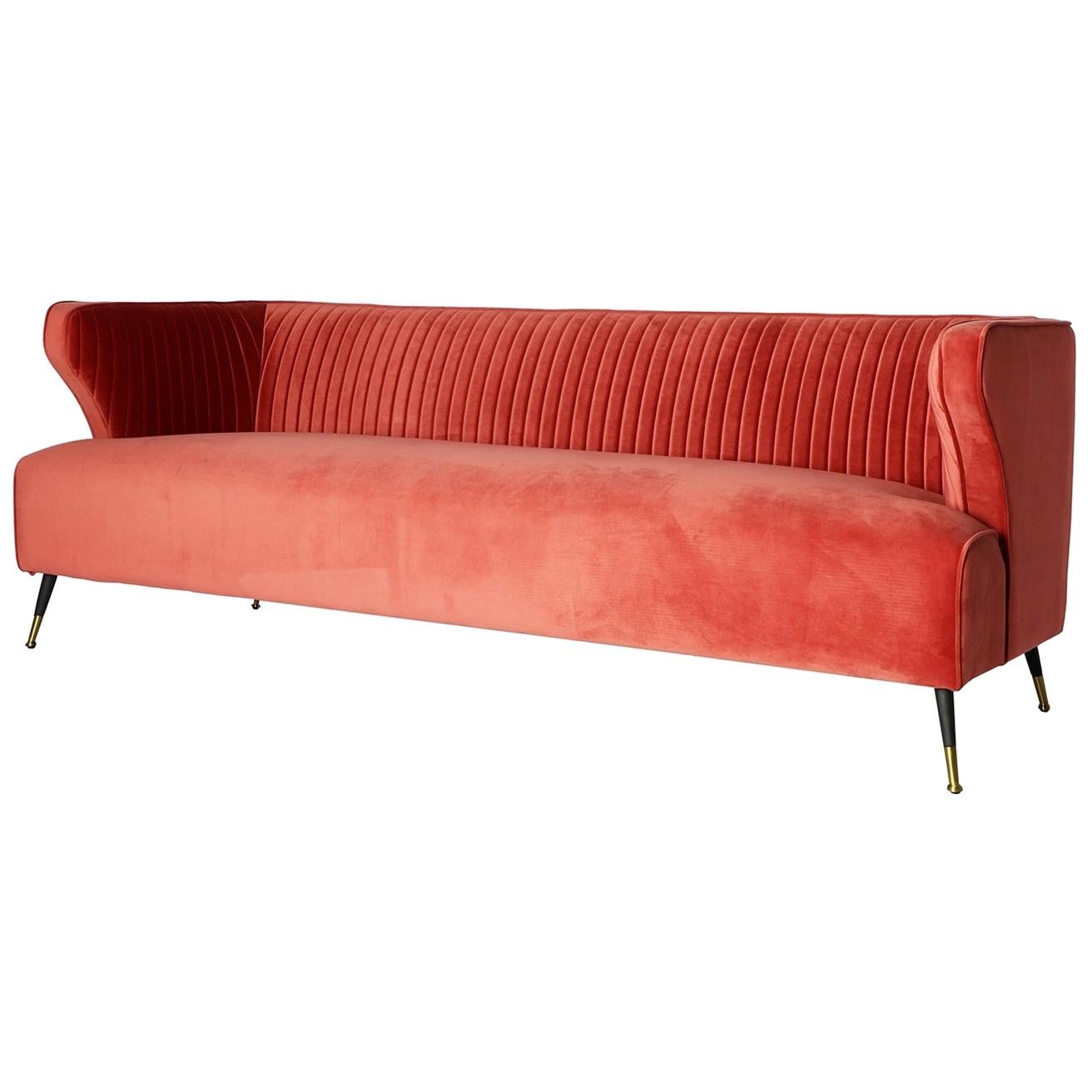 1950s Design and Vintage Style Pink Coral Velvet and Black Feet Padded Sofa