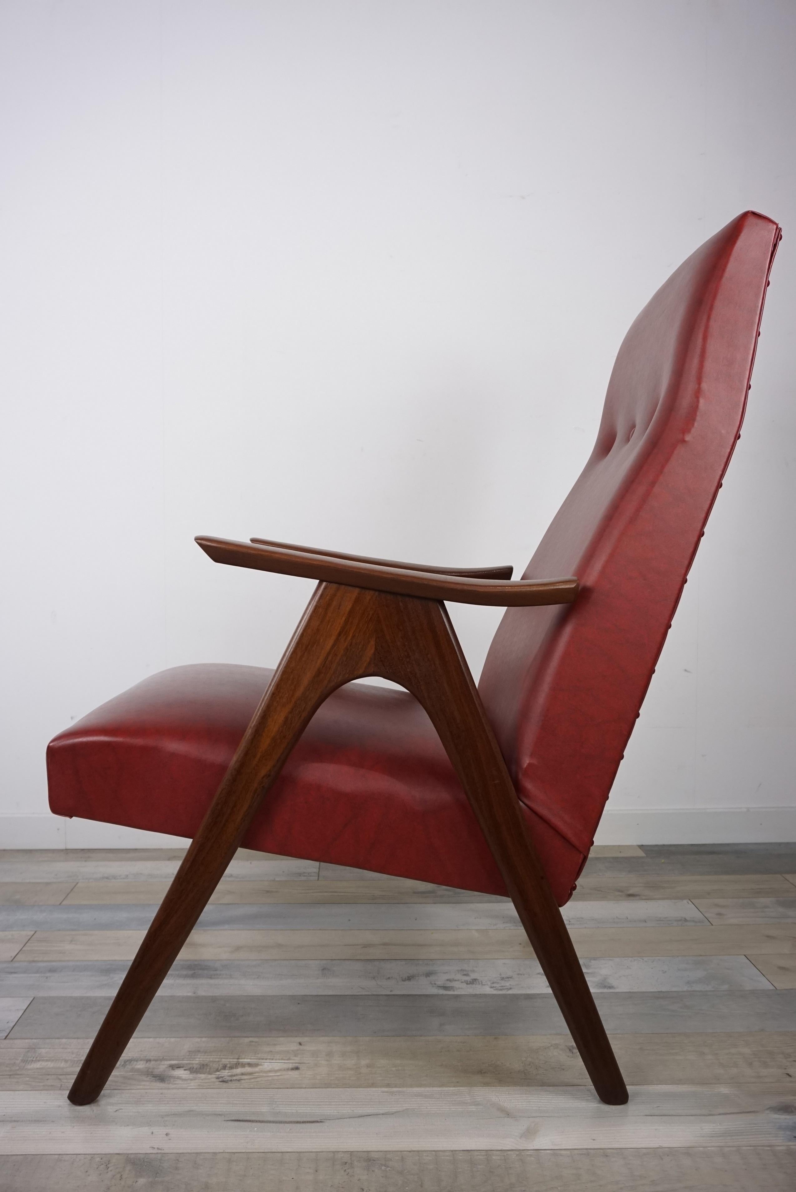 Mid-Century Modern 1950s, Design by Louis Van Teeffelen Teak and Bordeaux Armchairs