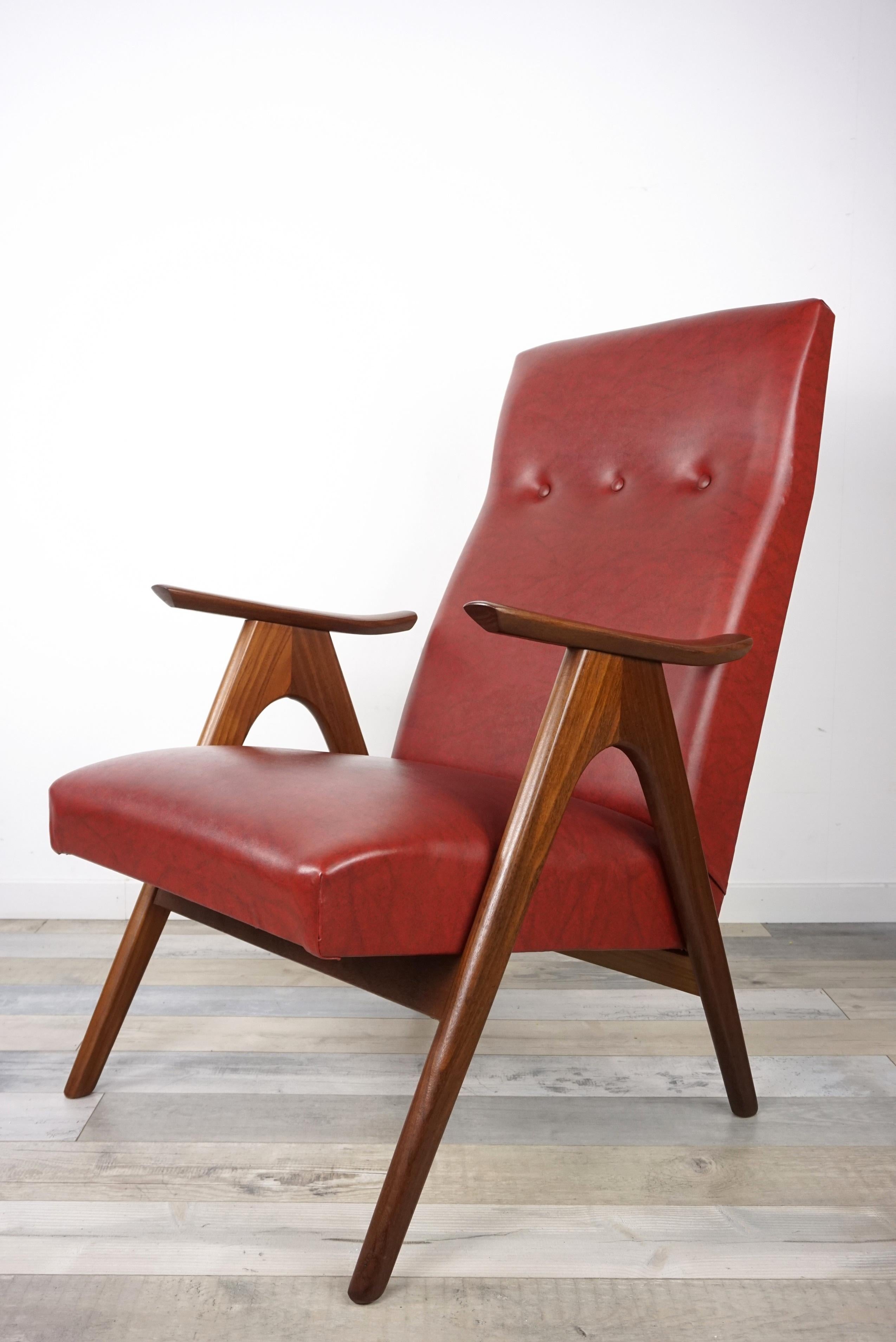 Belgian 1950s, Design by Louis Van Teeffelen Teak and Bordeaux Armchairs