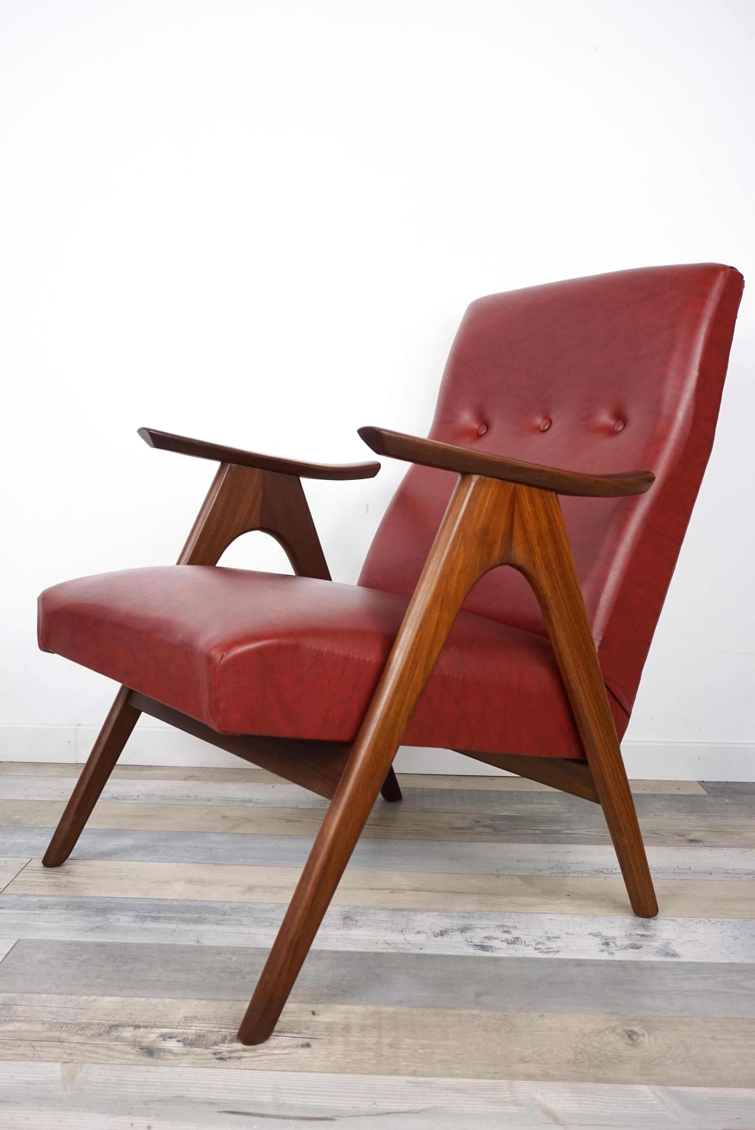 Faux Leather 1950s, Design by Louis Van Teeffelen Teak and Bordeaux Armchairs