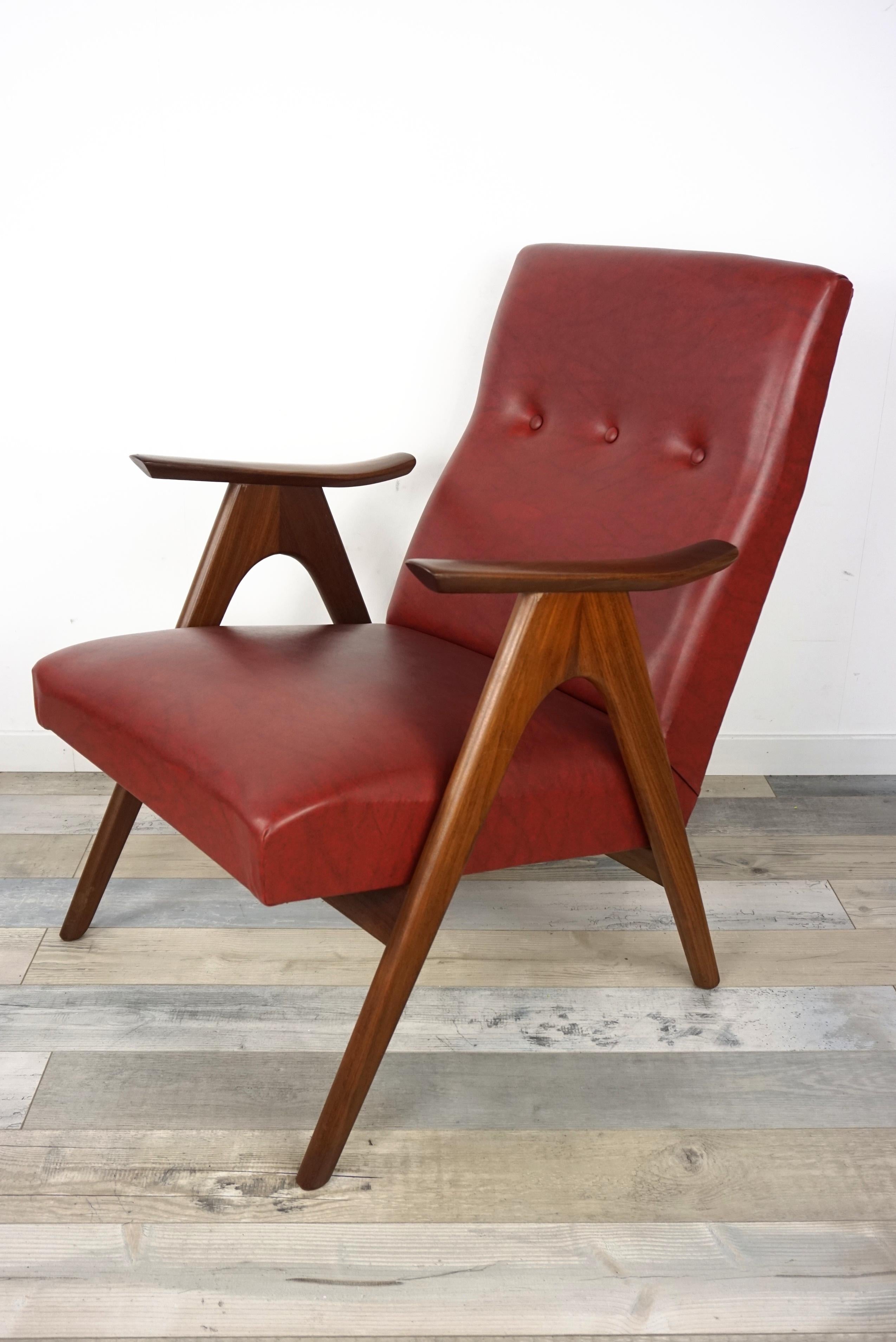 1950s, Design by Louis Van Teeffelen Teak and Bordeaux Armchairs 1