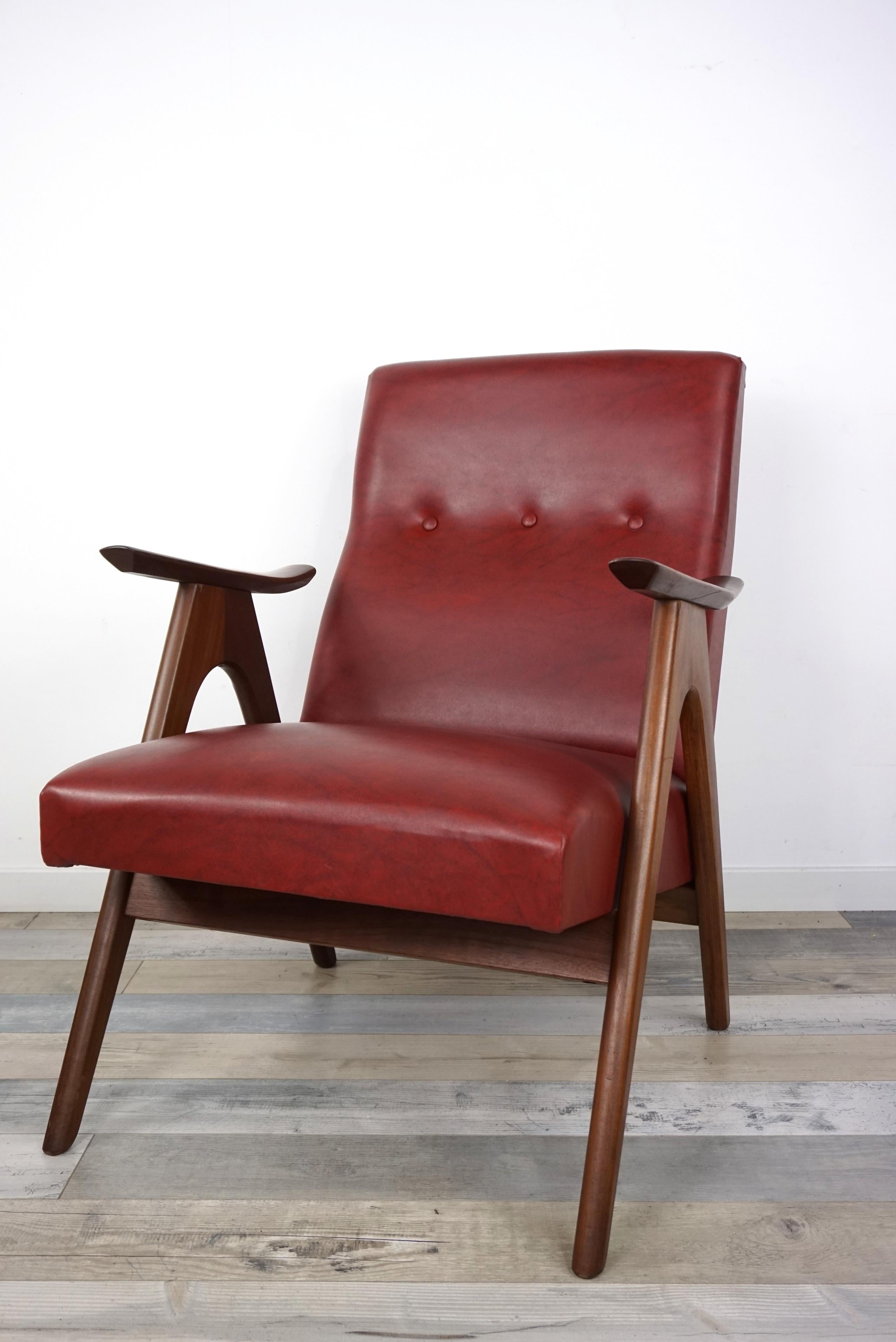 1950s, Design by Louis Van Teeffelen Teak and Bordeaux Armchairs 2