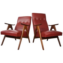 1950s, Design by Louis Van Teeffelen Teak and Bordeaux Armchairs 1950s, Design by Louis Van Teeffelen Teak and Bordeaux Armchairs