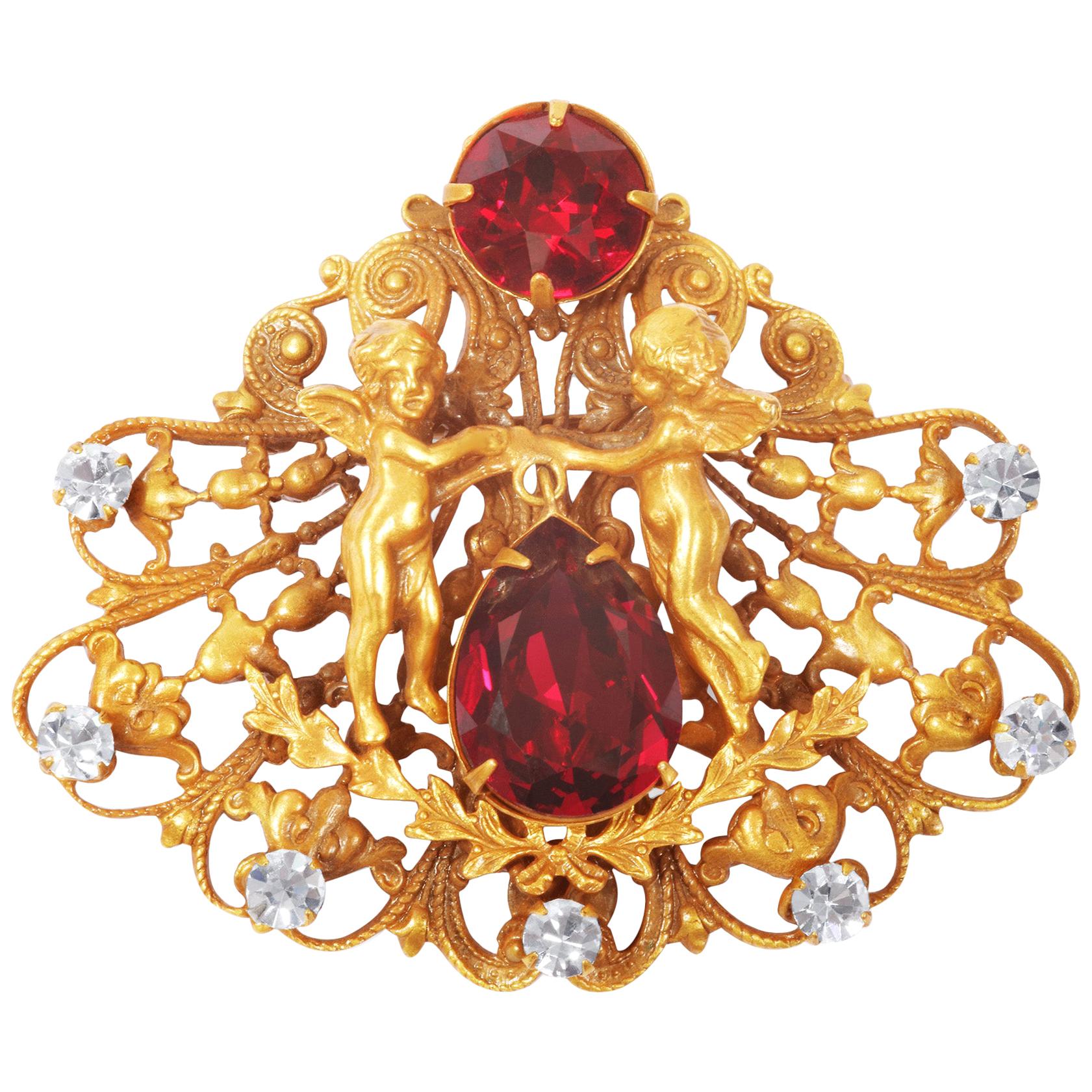 1950s Design Joseff Of Hollywood Antique Gold Cherub Brooch 