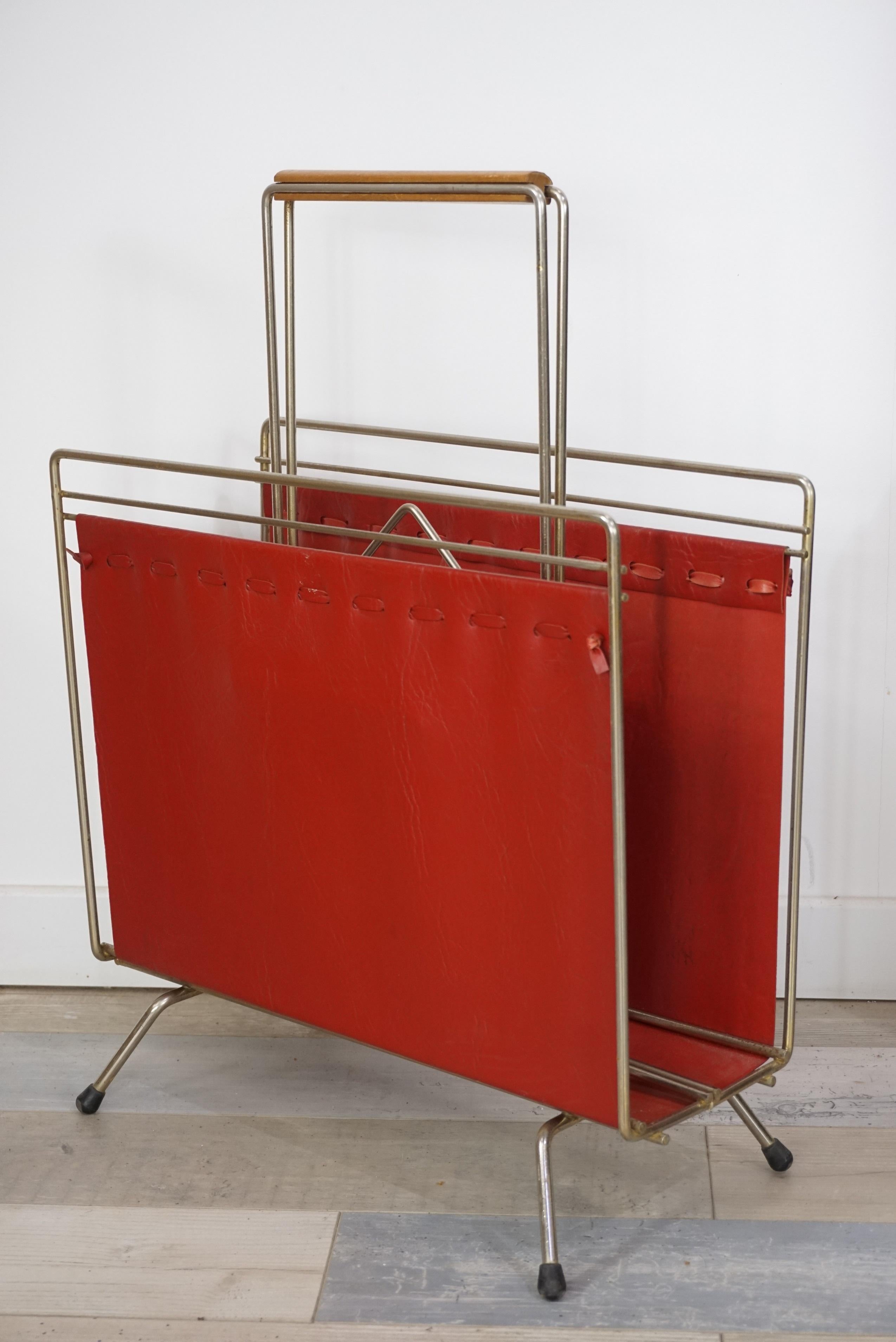 1950s Design Metal and Red Faux Leather Magazine Rack 2