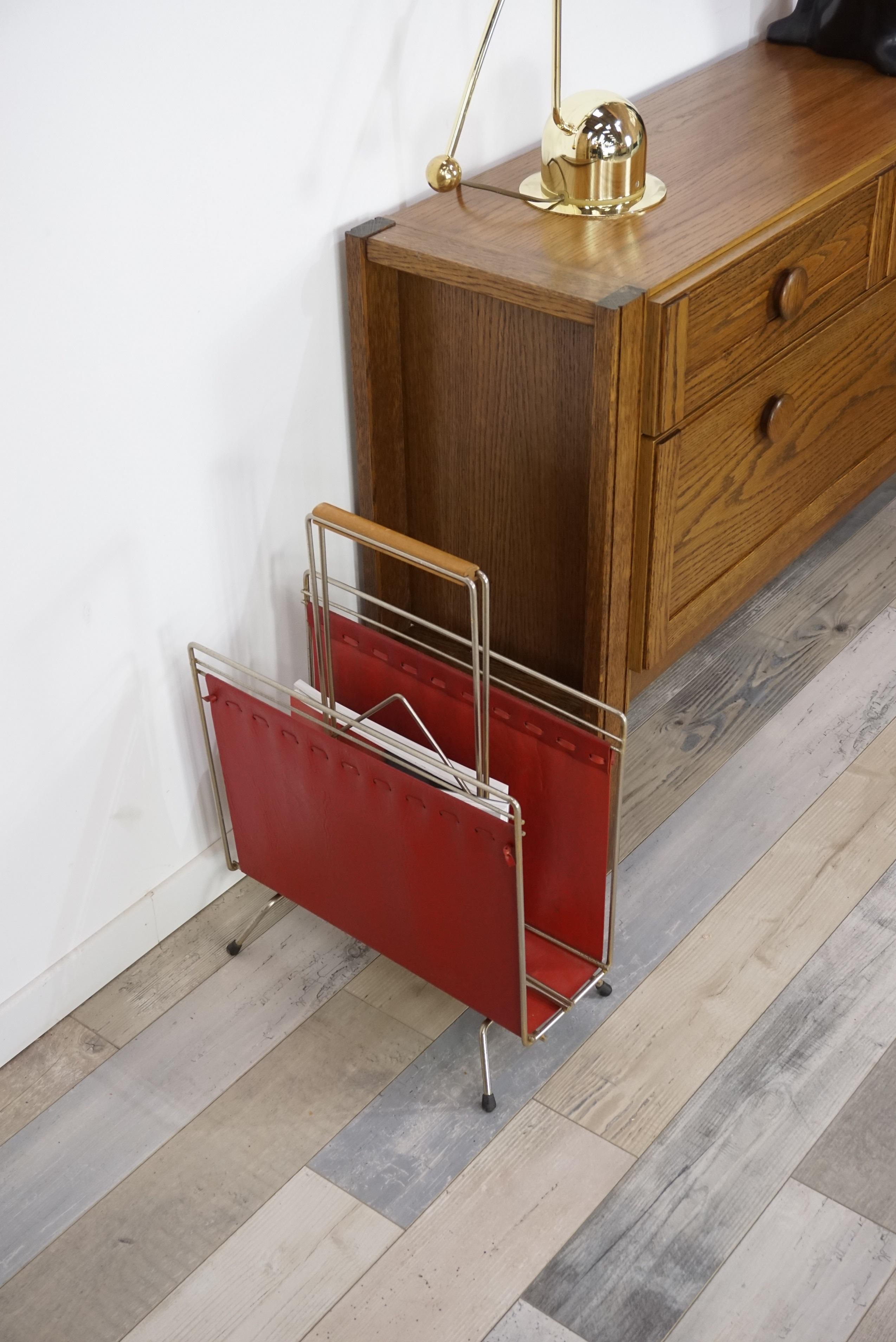 1950s Design Metal and Red Faux Leather Magazine Rack 4