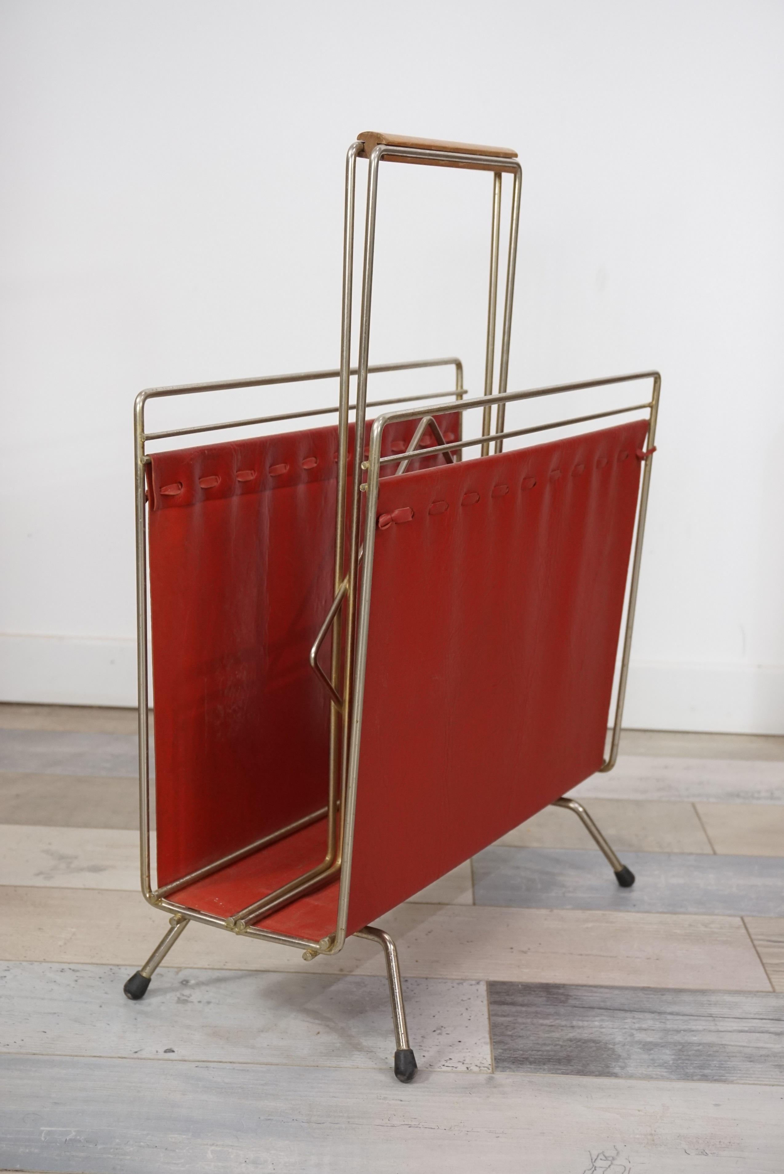 Mid-Century Modern 1950s Design Metal and Red Faux Leather Magazine Rack