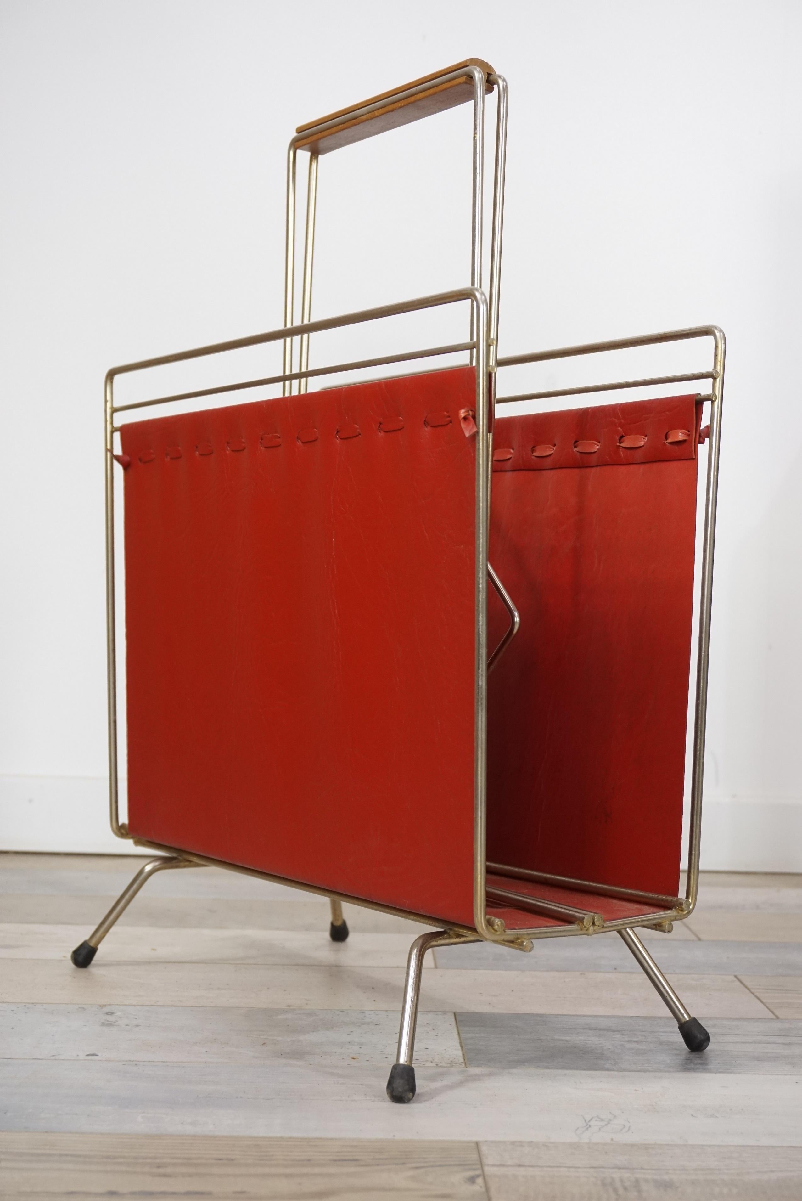 French 1950s Design Metal and Red Faux Leather Magazine Rack