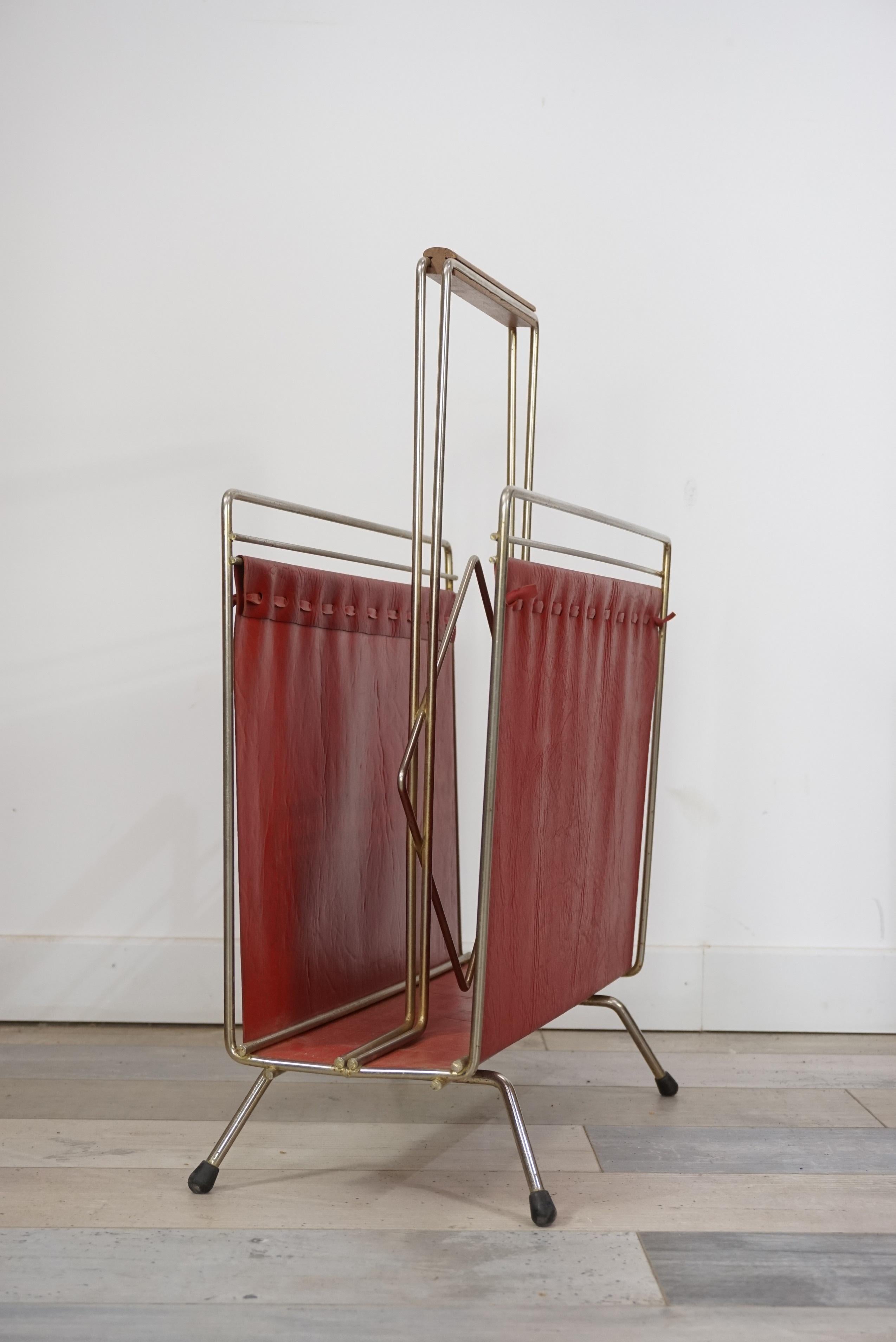 Mid-20th Century 1950s Design Metal and Red Faux Leather Magazine Rack